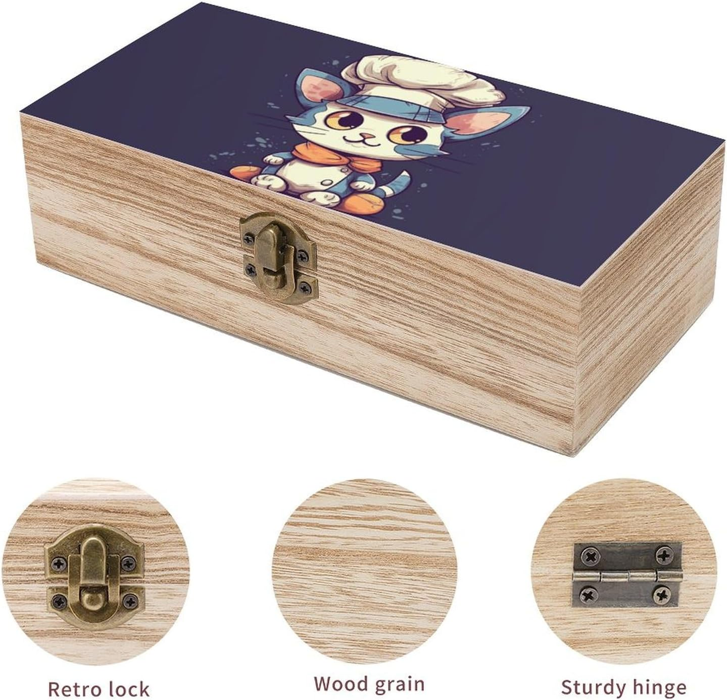 Cat Wearing Chef Hat Wooden Box Wood Wedding Keepsake Boxes with Lids Small Decorative Boxes Lightweight Wooden Memory Storage Box for Crafts Keepsakes Jewelry Photo Letter Storage image number 1