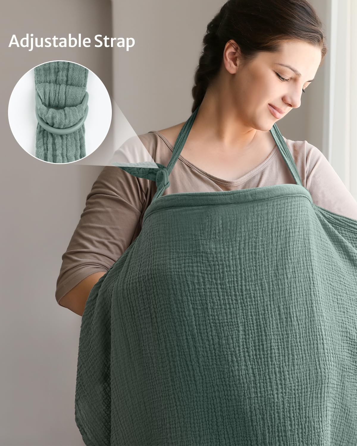 Blissful Diary Muslin Nursing Cover for Breastfeeding, Breathable Breastfeeding Cover up with Arch Neckline for Women, Nursing Apron (Roman Green) image number 4