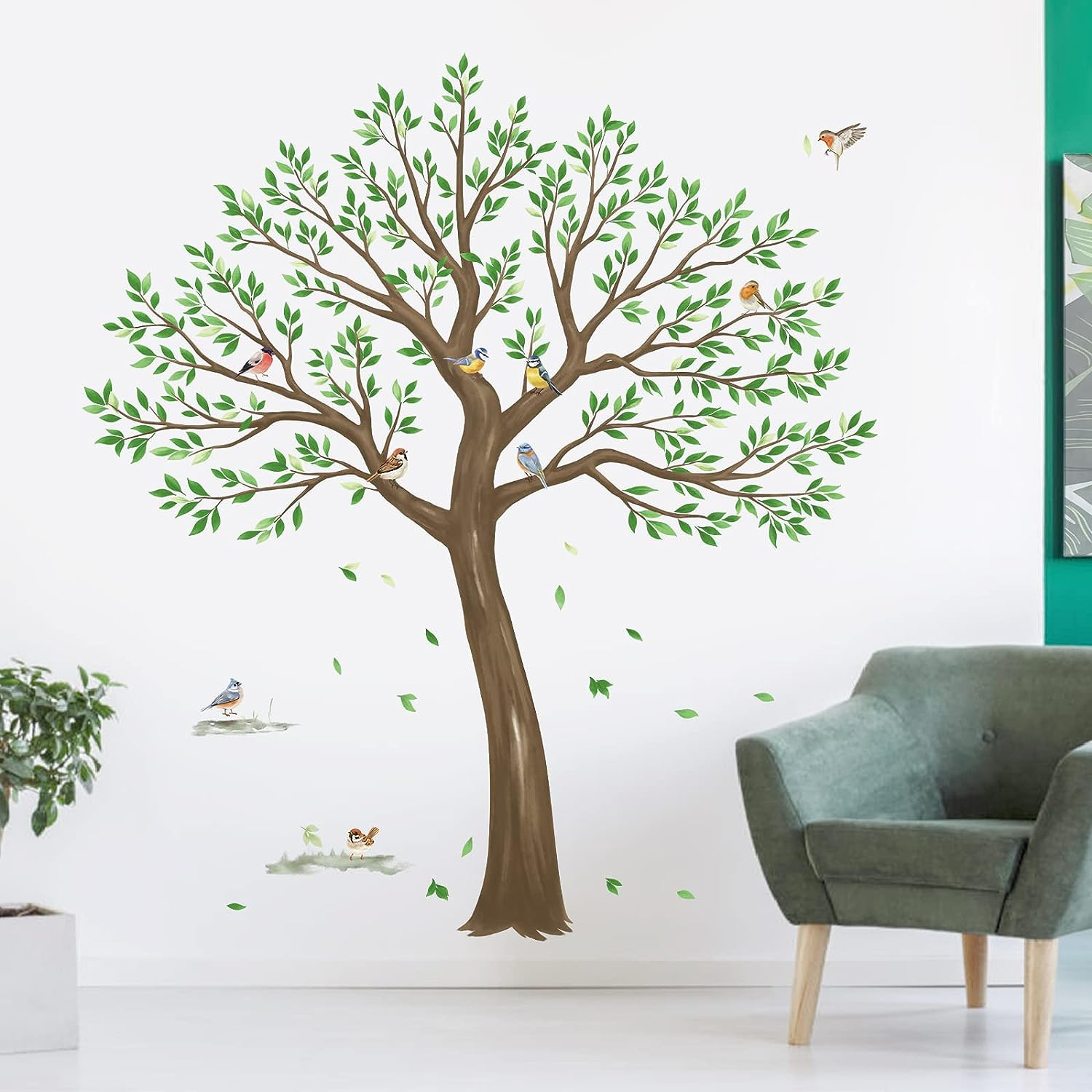 Wondever Large Tree Wall Stickers Green Leaves Birds Peel and Stick Wall Decals for Living Room Bedroom TV Wall (H: 63Inches) image number 6