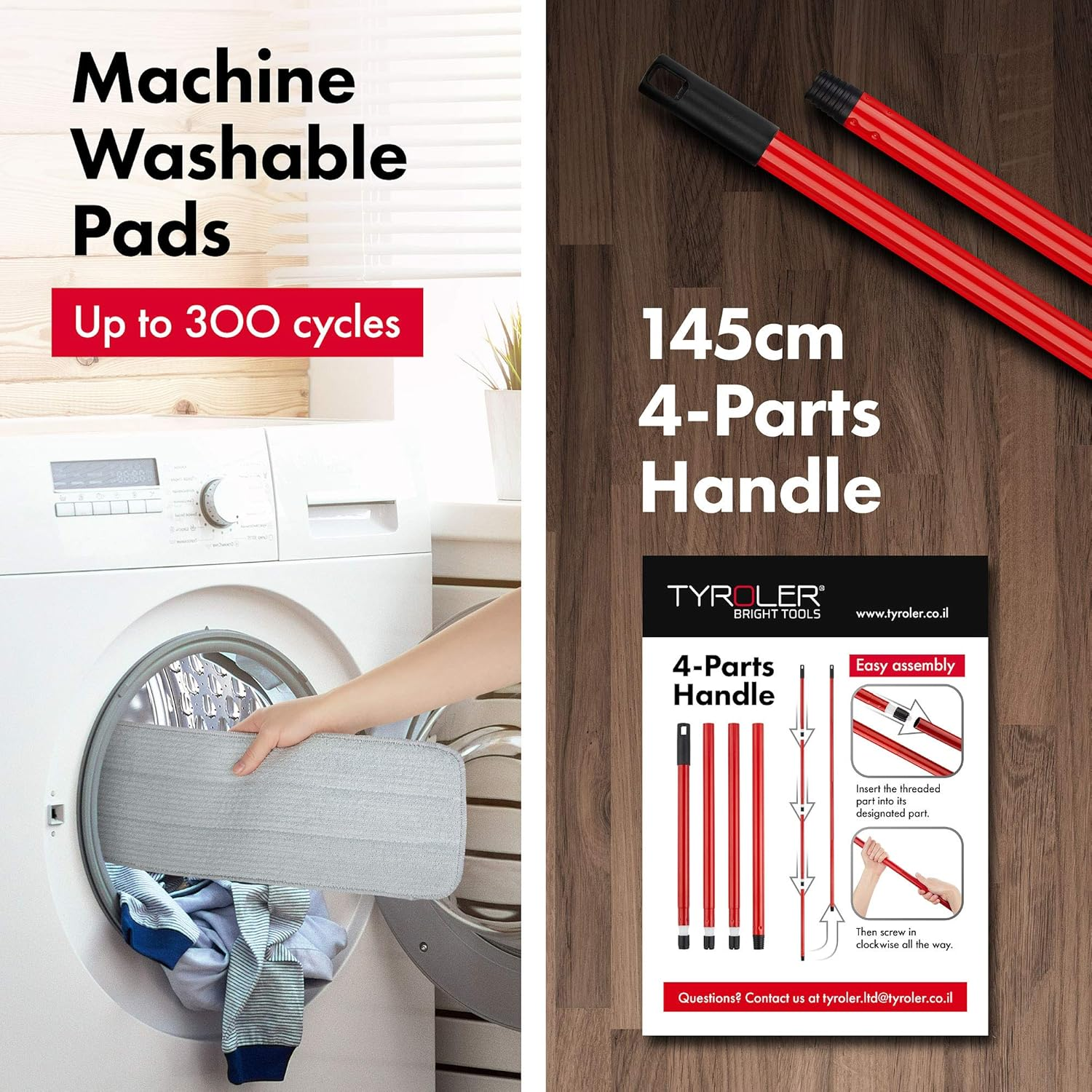 Tyroler Bright Tools 100% Silicone Flexible Head Microfiber Mop 2Pcs Wet and Dry Pad (45Cm Wide) | Professional Home Cleaning for Hardwood, Laminate, Tile Floors, Kitchen, Bathroom. image number 2