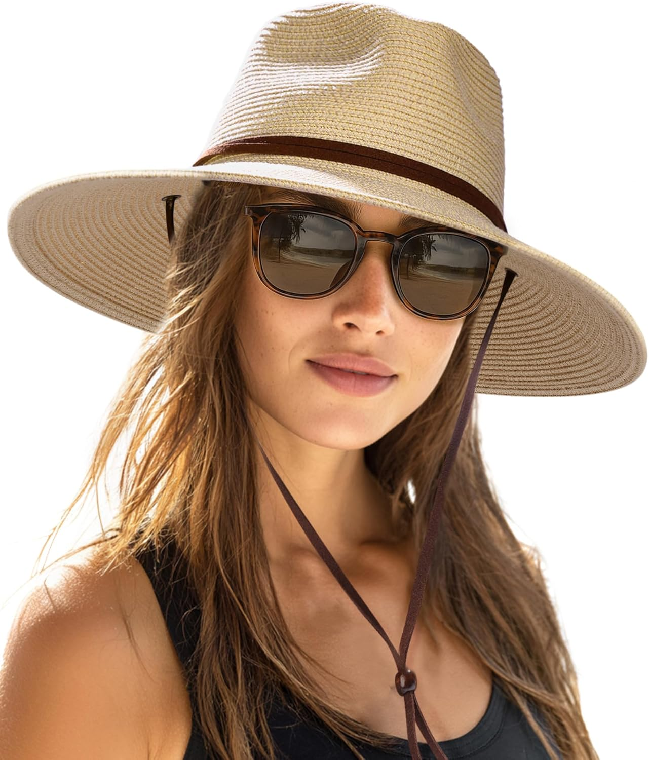 FURTALK Womens Sun Hat Summer Straw Beach Hats UPF 80+ Wide Brim Panama Fedora Hats with Wind Lanyard