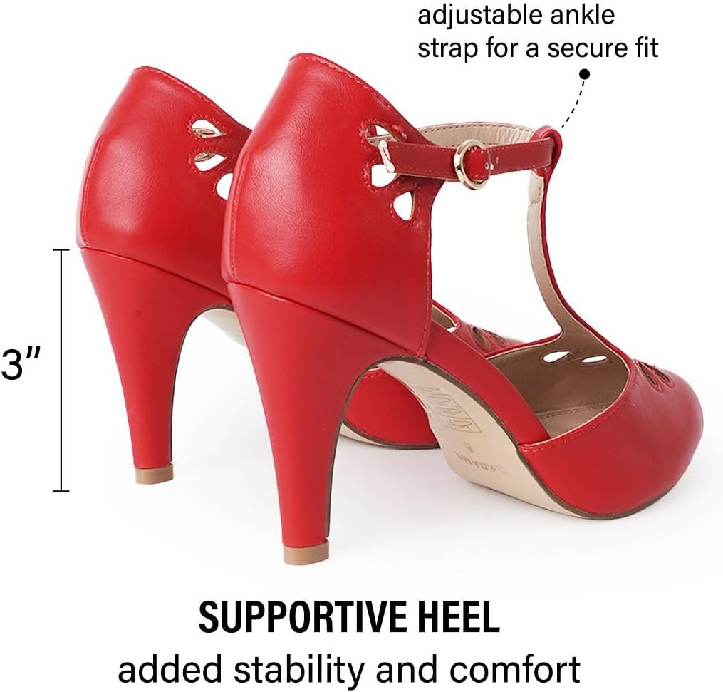 J. Adams Mary Jane Pumps - Vintage Tear Drop Cutout Low Kitten Heels - Retro round Toe Adjustable Ankle T Strap - Pepper By image number 4