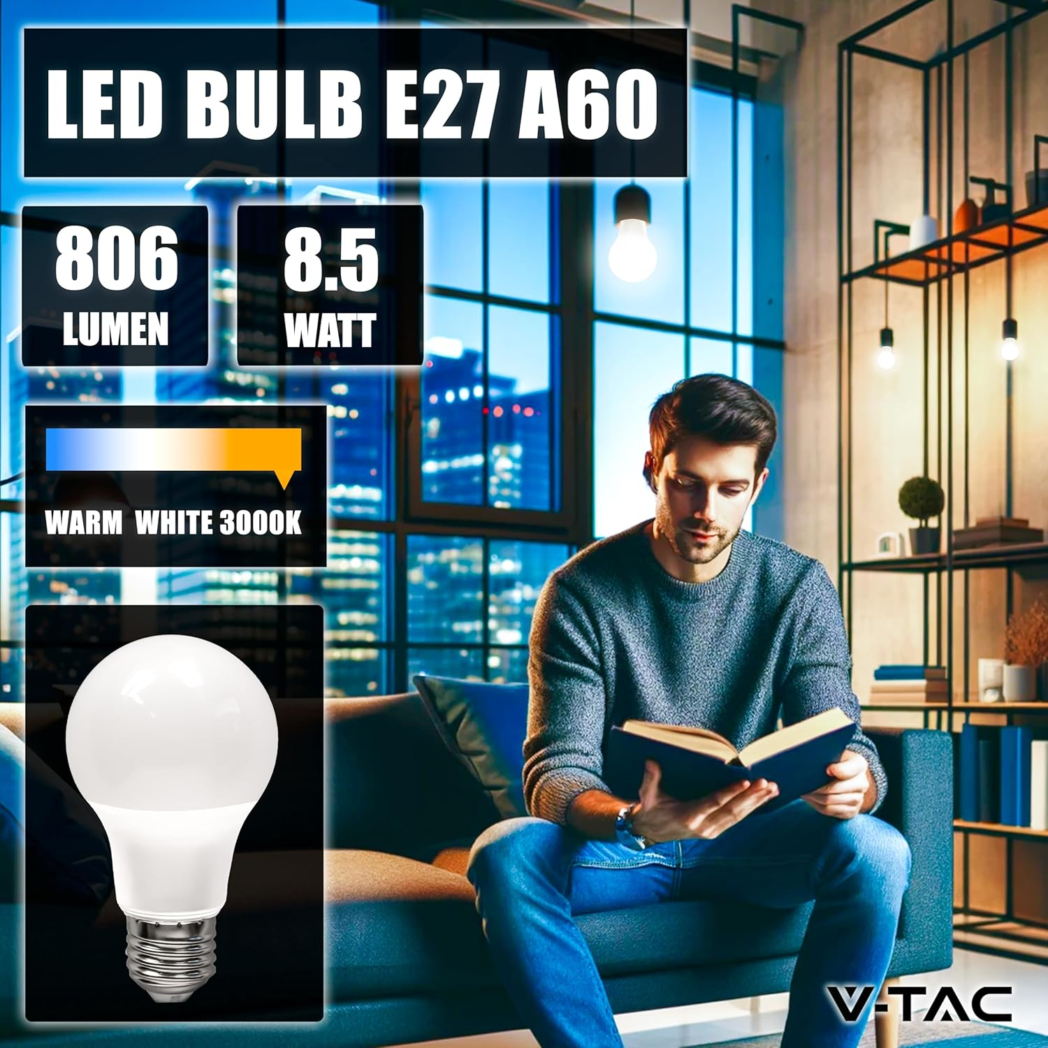V-TAC 10 X E27 8.5W (60W Equivalent) A60-806 Lumen LED Light Bulbs - 200&deg; Beam Opening - Maximum Efficiency and Energy Saving - 3000K Warm White image number 4