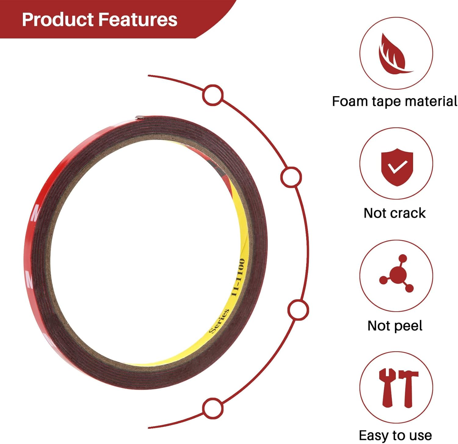 Tuperoymse Strong Permanent Double Sided Super Sticky Foam Tape Roll for Vehicle Car, Red 6MM X 3 Meters image number 3