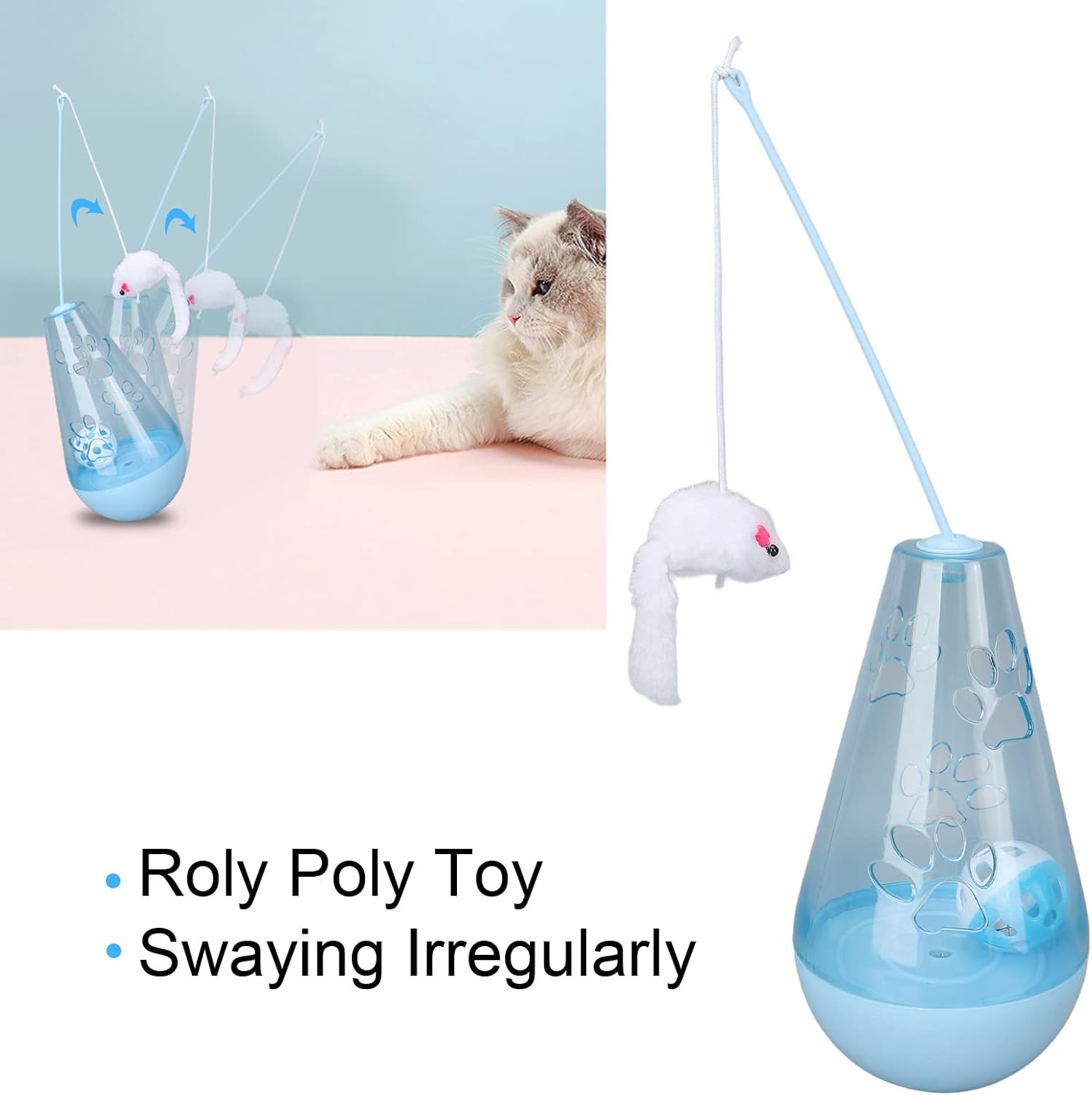 Cat Chasing Toy, Clear Color Cat Snack Toy Anxiety Ease Built in Bell Ball, Cat Roly Poly Toy Exercise Attractive Plush Mouse Cat Stick for Indoor Cats Kittens (Blue) image number 3