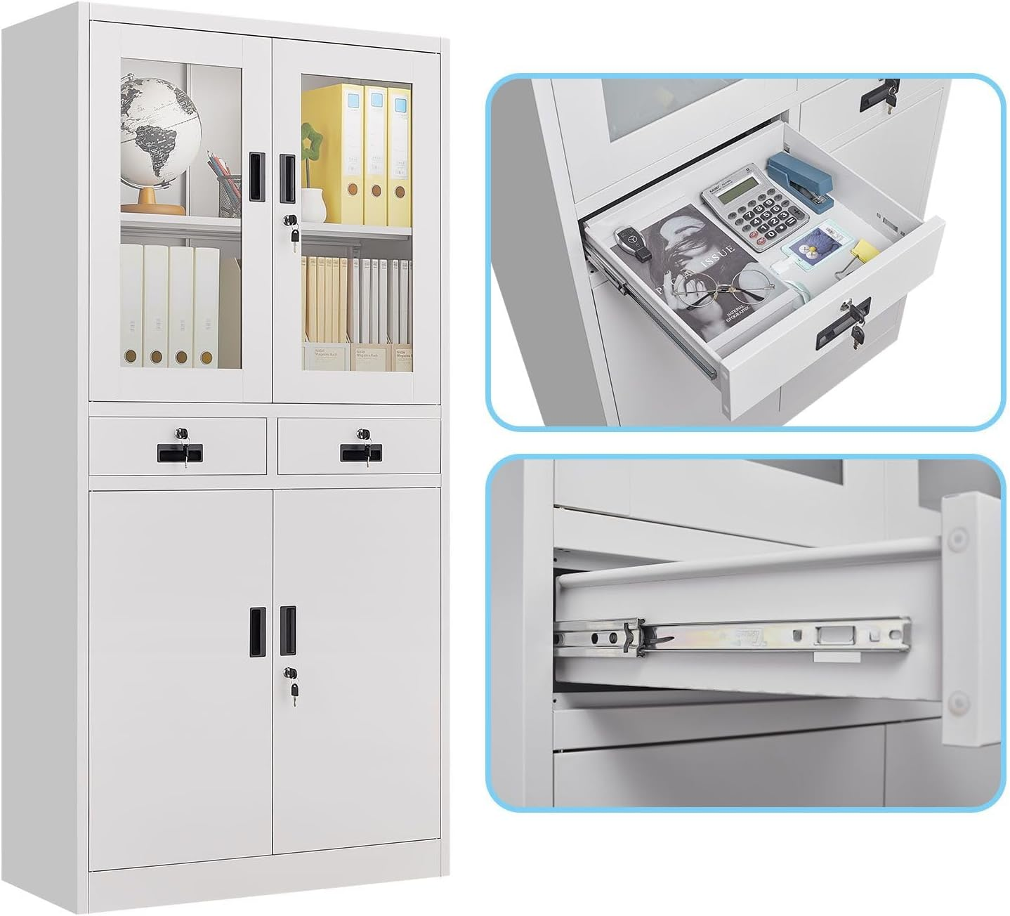 185Cm Steel File Locker Cabinet Lockable Filing Storage with 4 Adjustable Shelves and 2 Drawers,2 Tempered Glass Door & 2 Metal Door Cupboard Office Garage Stationary image number 3