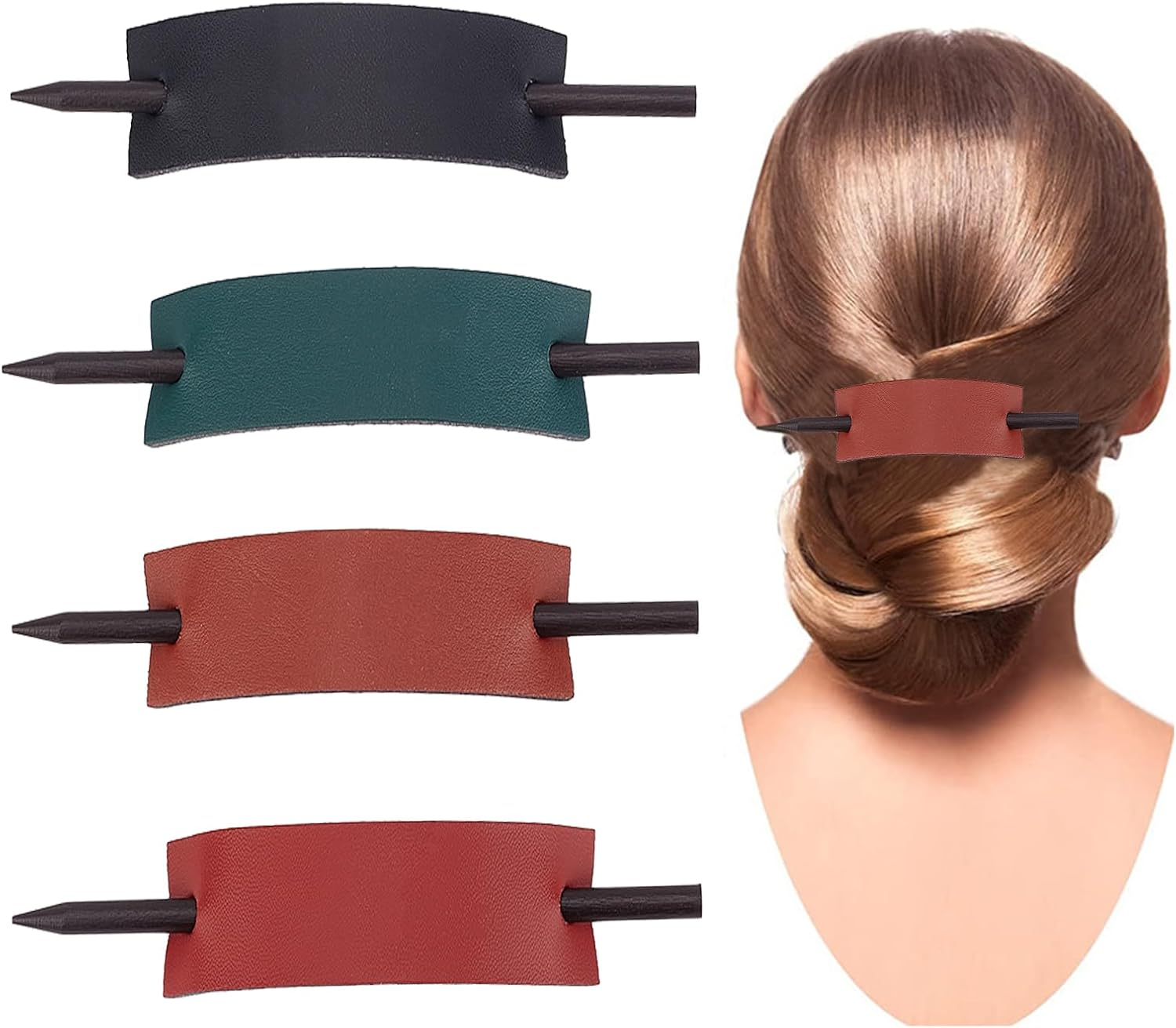 NICENEEDED 4 Pcs Leather Hair Barrette with Stick, Solid Color Hair Slider Pin, Ponytail Holders Hair Platters Ponytail Hairpin Accessories Stylish Bun Cages French Hair Clips Hair Sticks for Women
