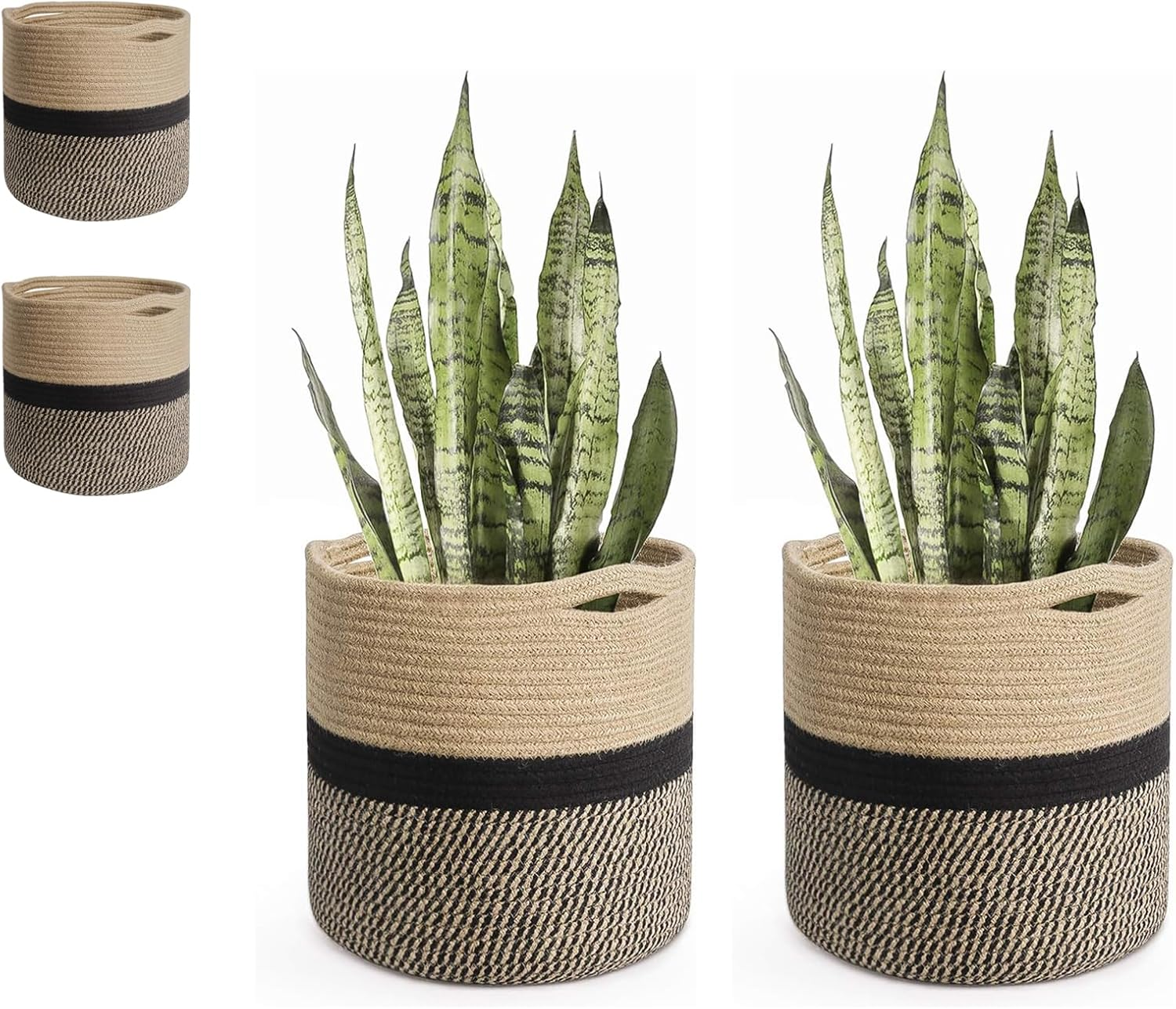 2Pcs Jute Cotton Rope Plant Basket, Woven Baskets for 27Cm Inch Flower Pot Home Decor, round Indoor Planters Storage Organizer, Brown Black 27 * 27 * 27Cm image number 1