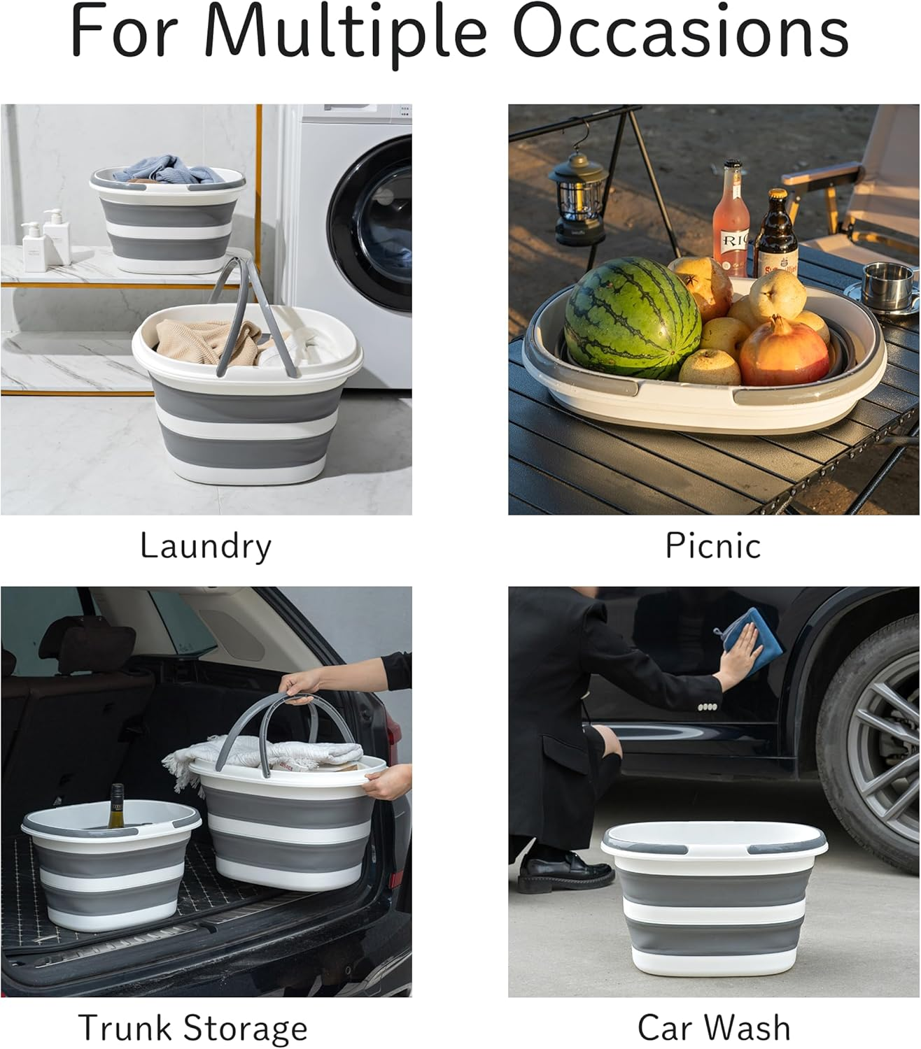 Foldable Bucket 16L/28L with Handle Cleaning Bucket Foldable for Camping, Fishing, Cleaning, Car Washing, Soft Large Capacity Lightweight Stylish (Grey, 16L &times; 2) image number 5