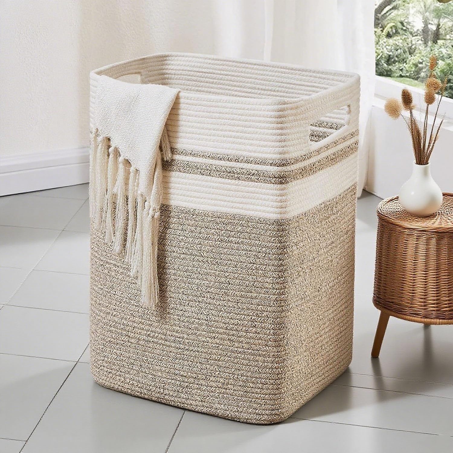 OWNKING Laundry Basket, Tall Woven Cotton Laundry Hamper, Large Capacity Collapsible Storage Basket, Decorative Versatile Blanket Basket for Clothes, Blankets, Toys Storage & Organization, 16X13X22In image number 1