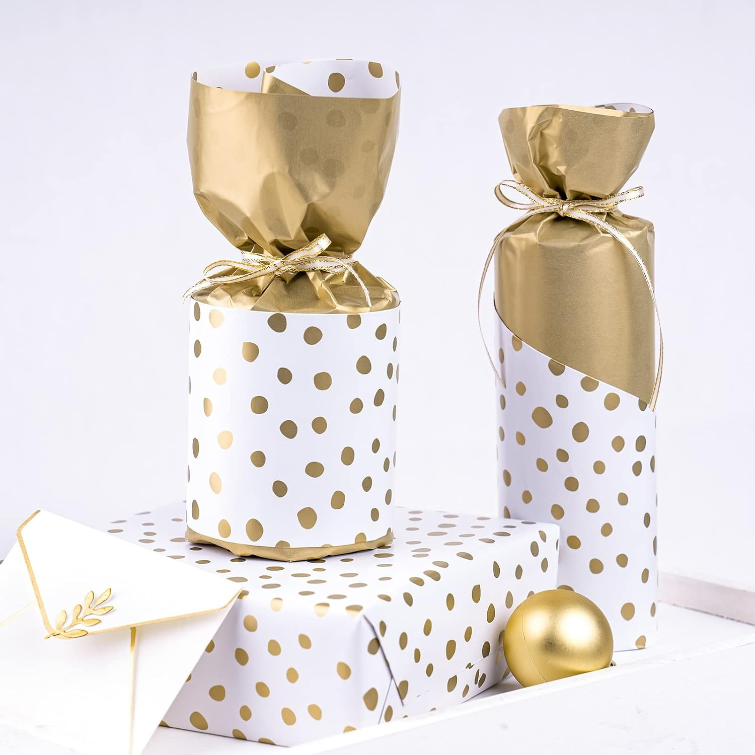 WRAPAHOLIC Reversible Wrapping Paper - Mini Roll - 17 Inch X 33 Feet - Gold Print and Delicate Polka Dots Design for Birthday, Holiday, Wedding, Baby Shower, Gold,White (BZP-17-LC-XDD-GOL), 1
