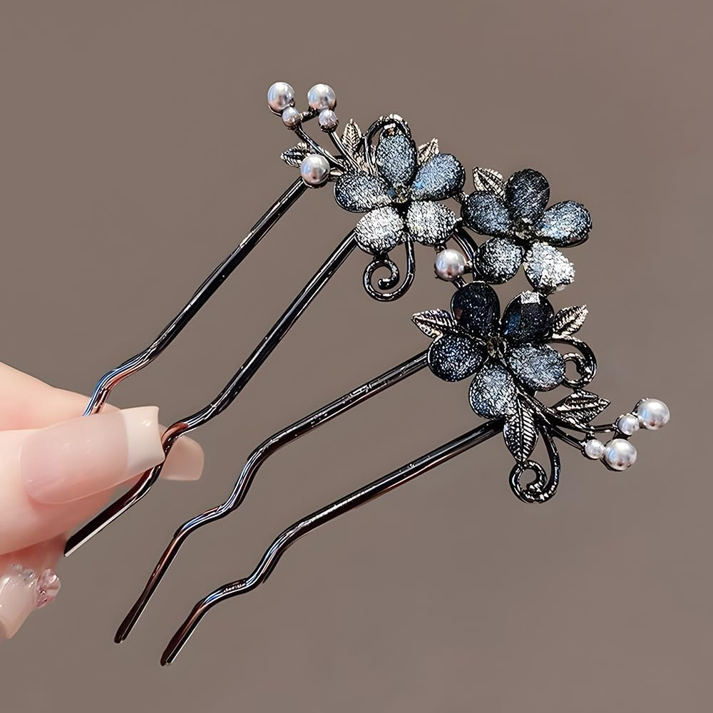 1Pcs Flower Rhinestone Hair Comb Clips Floral Hair Pins for Buns Flower French Metal Hair Pin Hair Fork Decorative Hair Combs French Side Comb Hair Side Combs for Women French Twist Hair Comb Clip image number 6