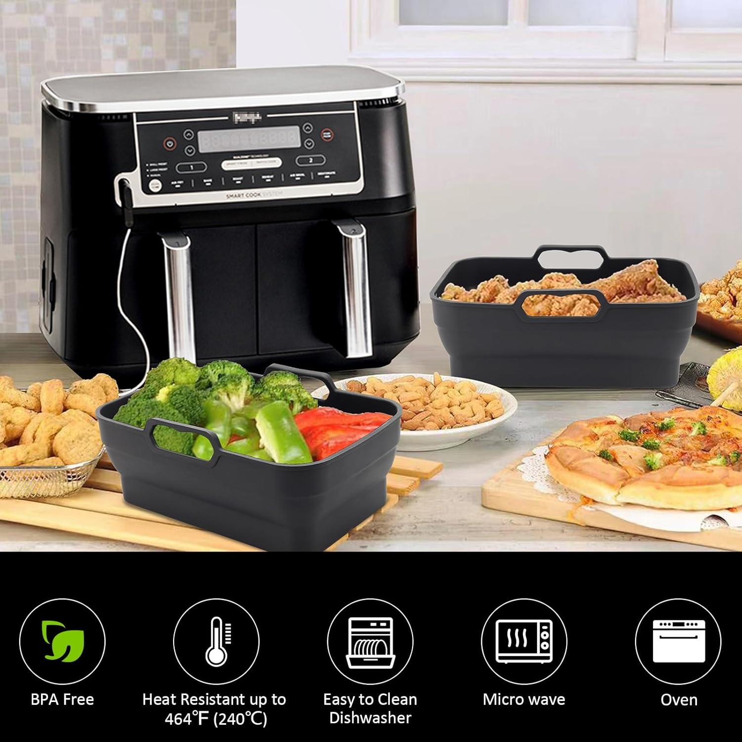 Ninja Dual Air Fryer Silicone Liners 2 Pack - Reusable Replacement Basket Bowl, Collapsible Baking Tray for Oven Microwave Accessories (Black) image number 6