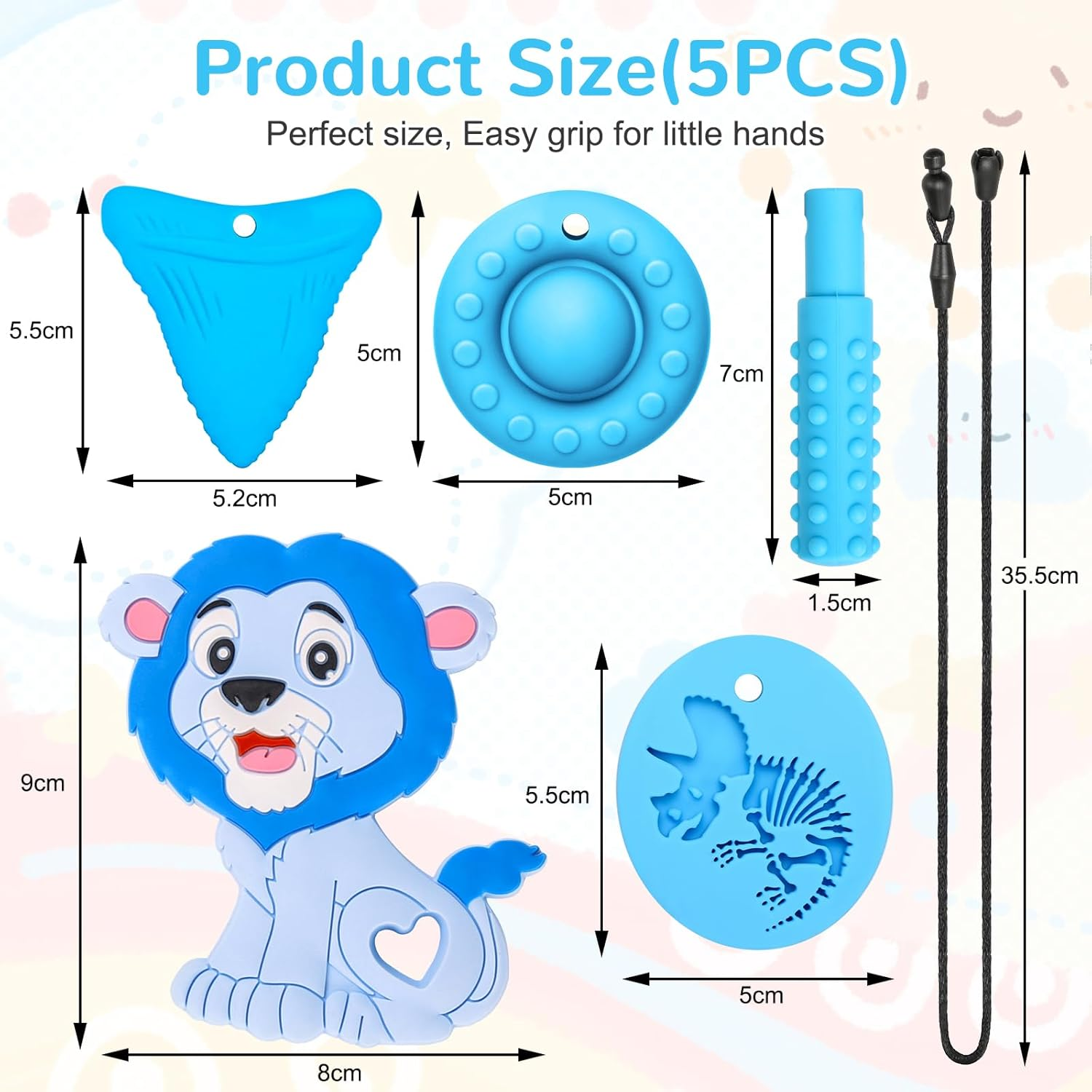 MR.TIMELAG Chew Necklaces for Adults and Babies - Lion 5-Piece Set, Bpa-Free Silicone Sensory Chew Necklaces for Anxiety Relief, Easy to Hold, with Massage Blocks to Relieve Teething Pain image number 5