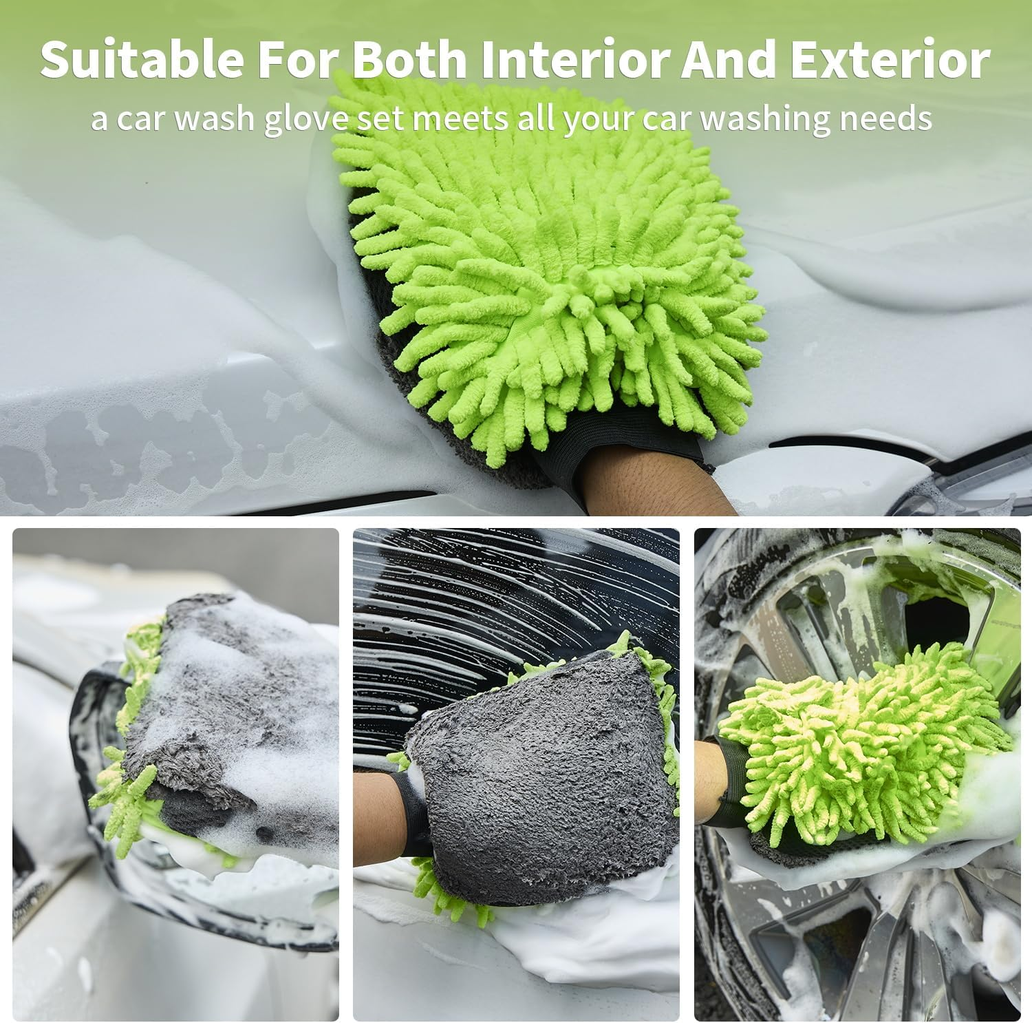 DU Life Car Wash Mitt, 2PCS Microfibre Noodle Car Washing Mitts, Efficient 3In1 Car Cleaning Mitt, Car Wash Mitt Gloves with Elastic Wrist Cuffs for Whole Car Washing - Green image number 3