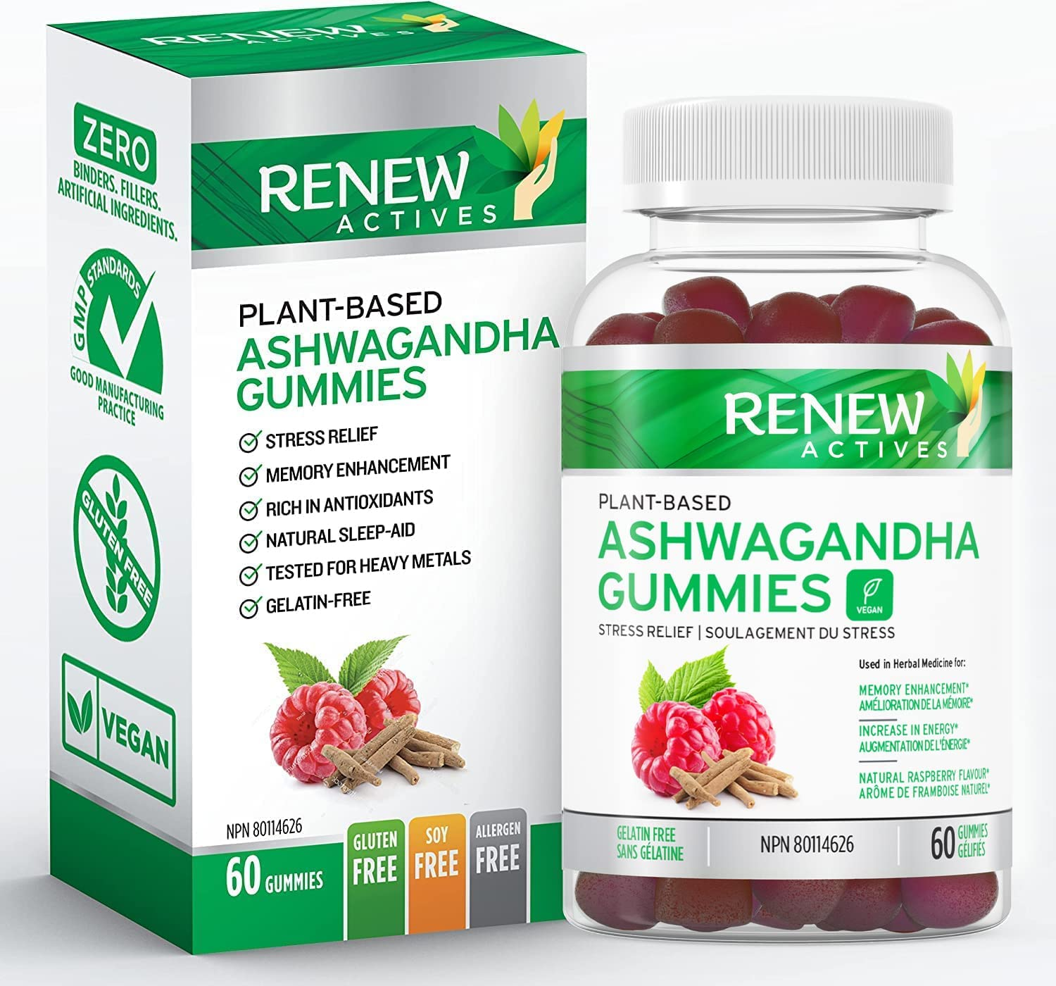 RENEW ACTIVES Ashwagandha 100MG per 4 Gummies &ndash; Memory, Focus & Energy Boost &ndash; Traditionally Used as a Rejuvenative Tonic &ndash; Vegan, Herbal Adaptogen &ndash; Made in Canada &ndash; 60 Gummies image number 1