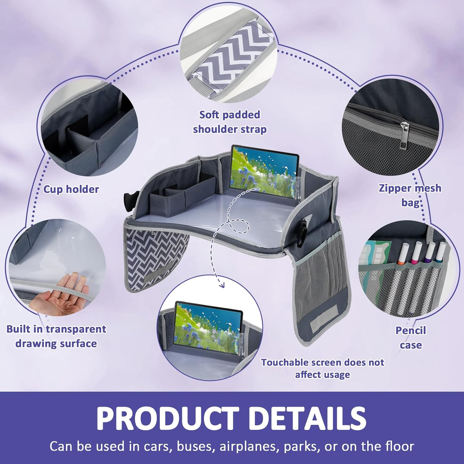 Kids Travel Tray for Toddler Car Seat, Enduring Car Seat Tray, Easy to Install Seat Table Tray with Adjustable Strap for Road Trip Activities image number 1