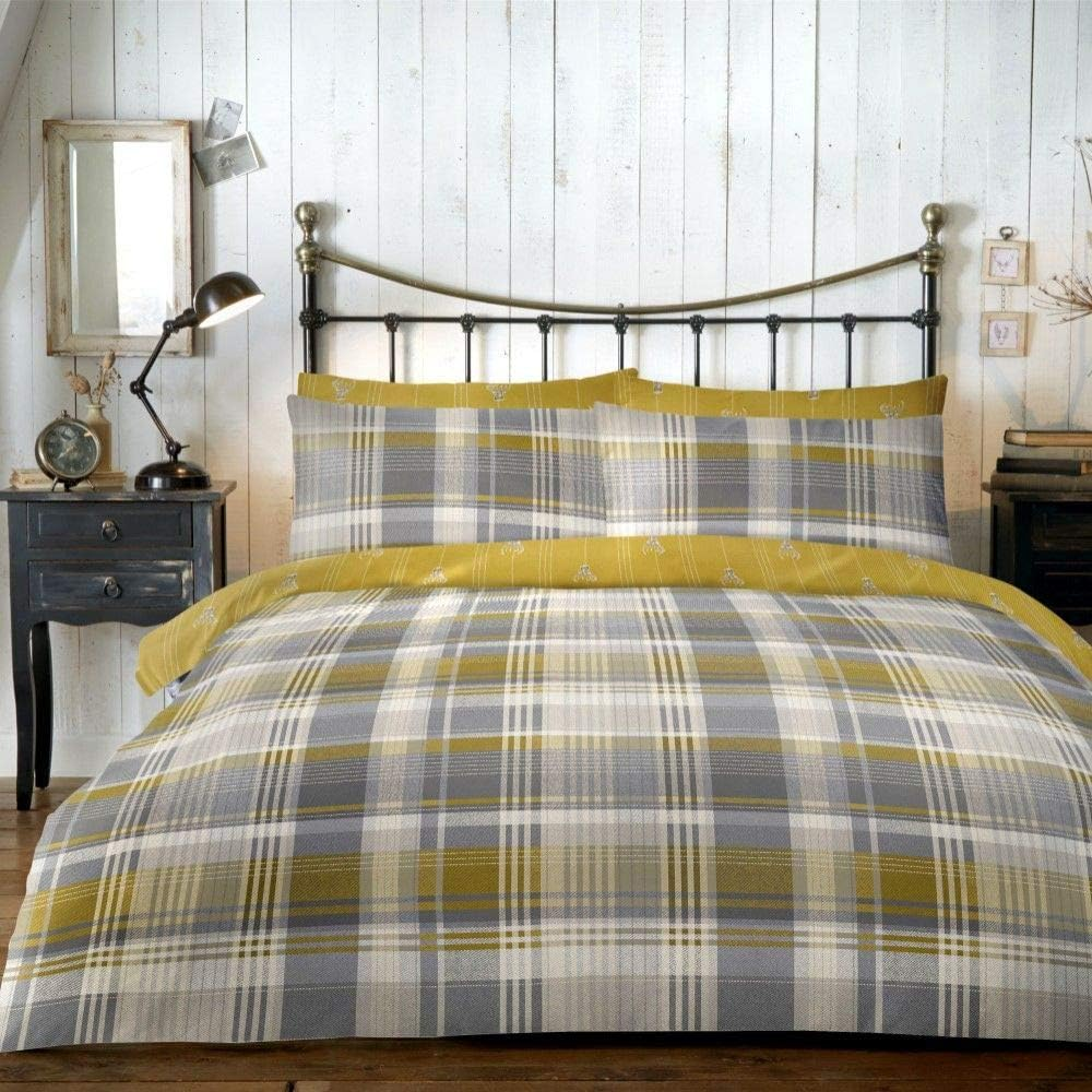 Dreams & Drapes, Connolly Check, 100 Percent Brushed Cotton Duvet Cover Set, Ochre, Double Bed Size image number 4