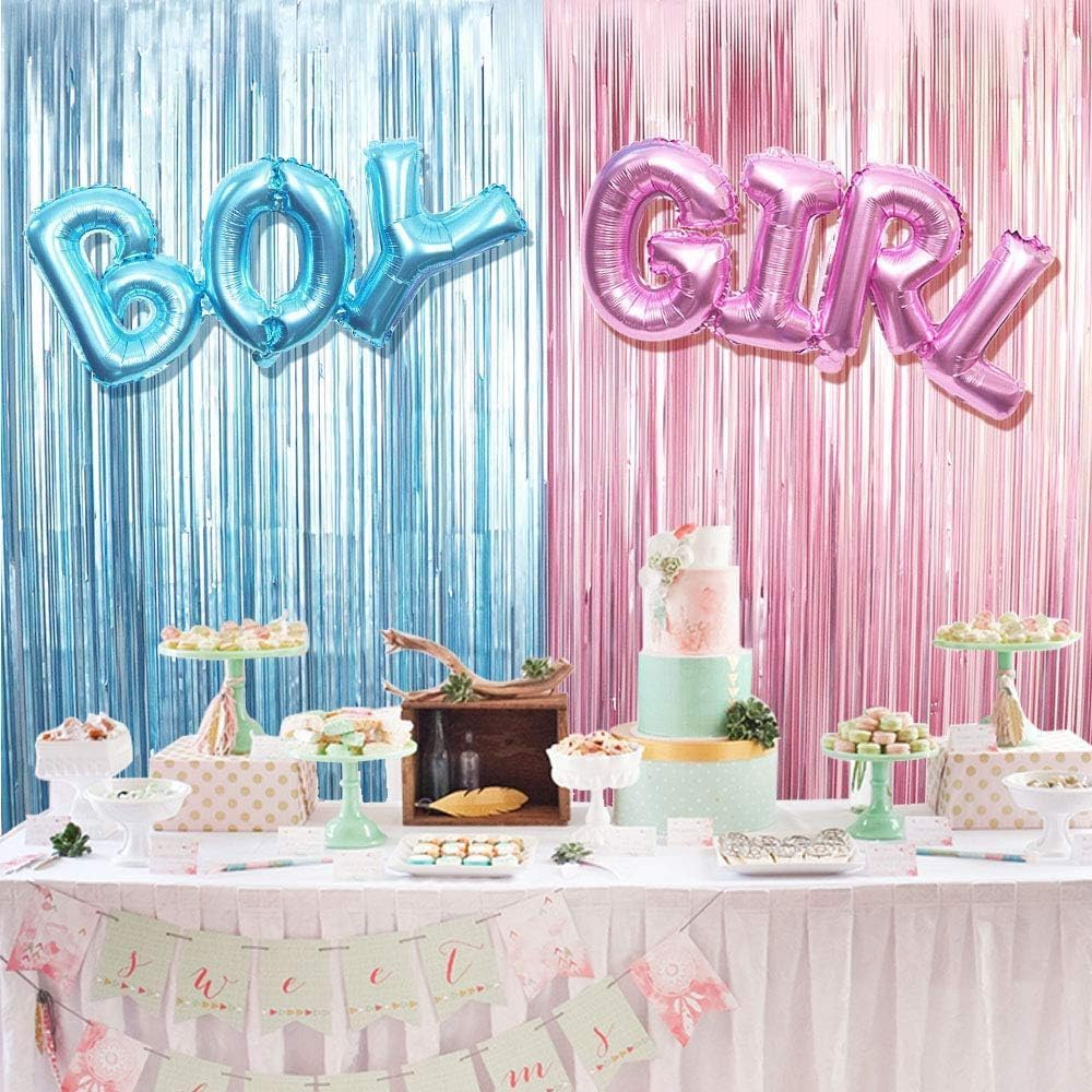 Gender Reveal Party Decor, Boy or Girl Foil Balloons, Boy or Girl Gender Reveal Balloons Garland with Pink and Blue Metallic Foil Fringe Streamer Curtains(With Adhesive Tape) image number 6