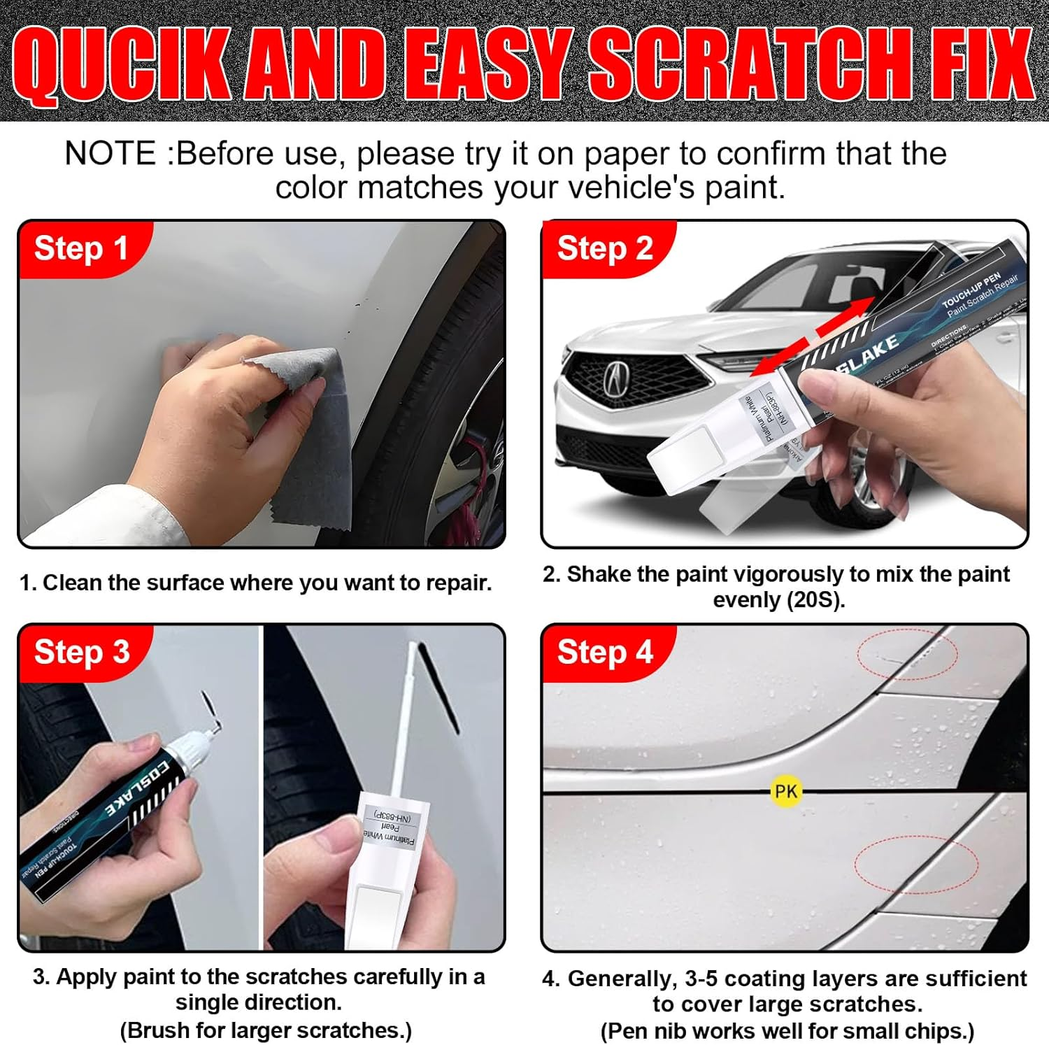 Car Touch up Paint(Platinum White Pearl(Nh-883P)) for Acura, Car Paint Scratch Repair Kit, Quick & Easy Solution to Repair, 2 in 1 Scratch Remover Pen with 2PCS Disposable Micro Applicators image number 2