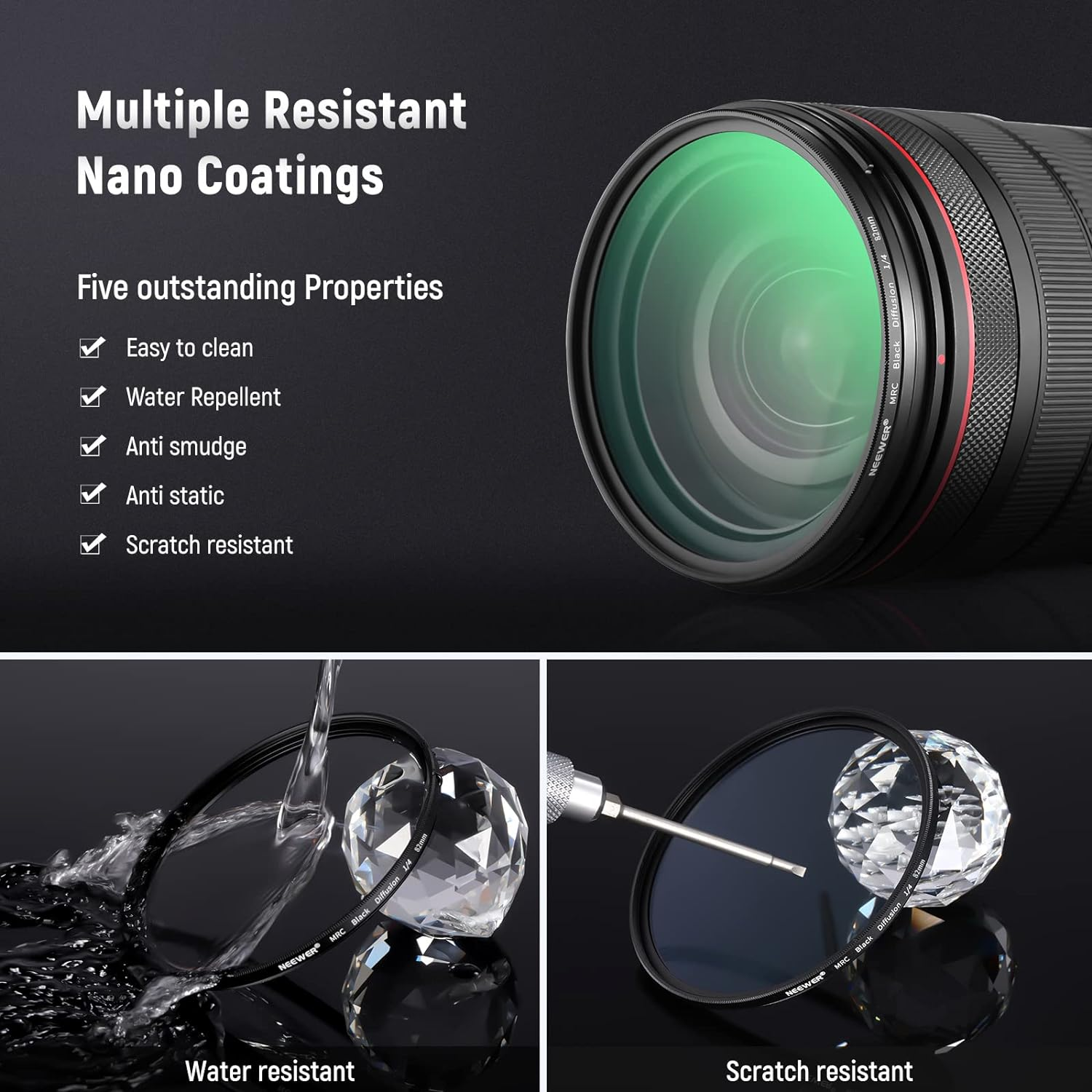 NEEWER 2 Pcs 82Mm Black Diffusion Lens Filter Kit, 1/4 & 1/8 Mist Cinematic Effect Filters with Storage Cases, Cleaning Cloths, Multi Nano Coated HD Optical Glass for Video/Vlog/Portrait Shot