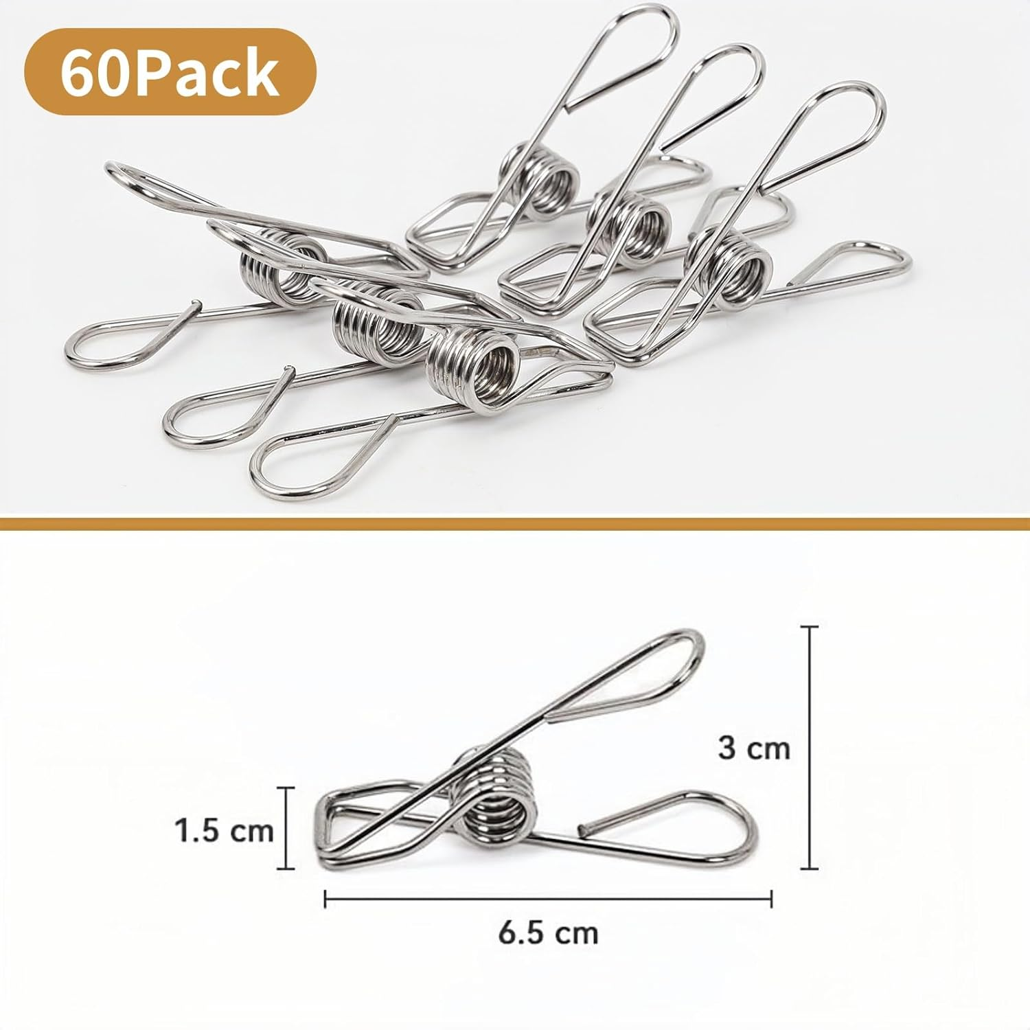 60 Pack 2.36" Stainless Steel Silver Clothes Pegs Wire Clothes Pins Heavy Duty Clothes Pin Clips for Laundry Home Kitchen Outdoor Travel Office image number 5