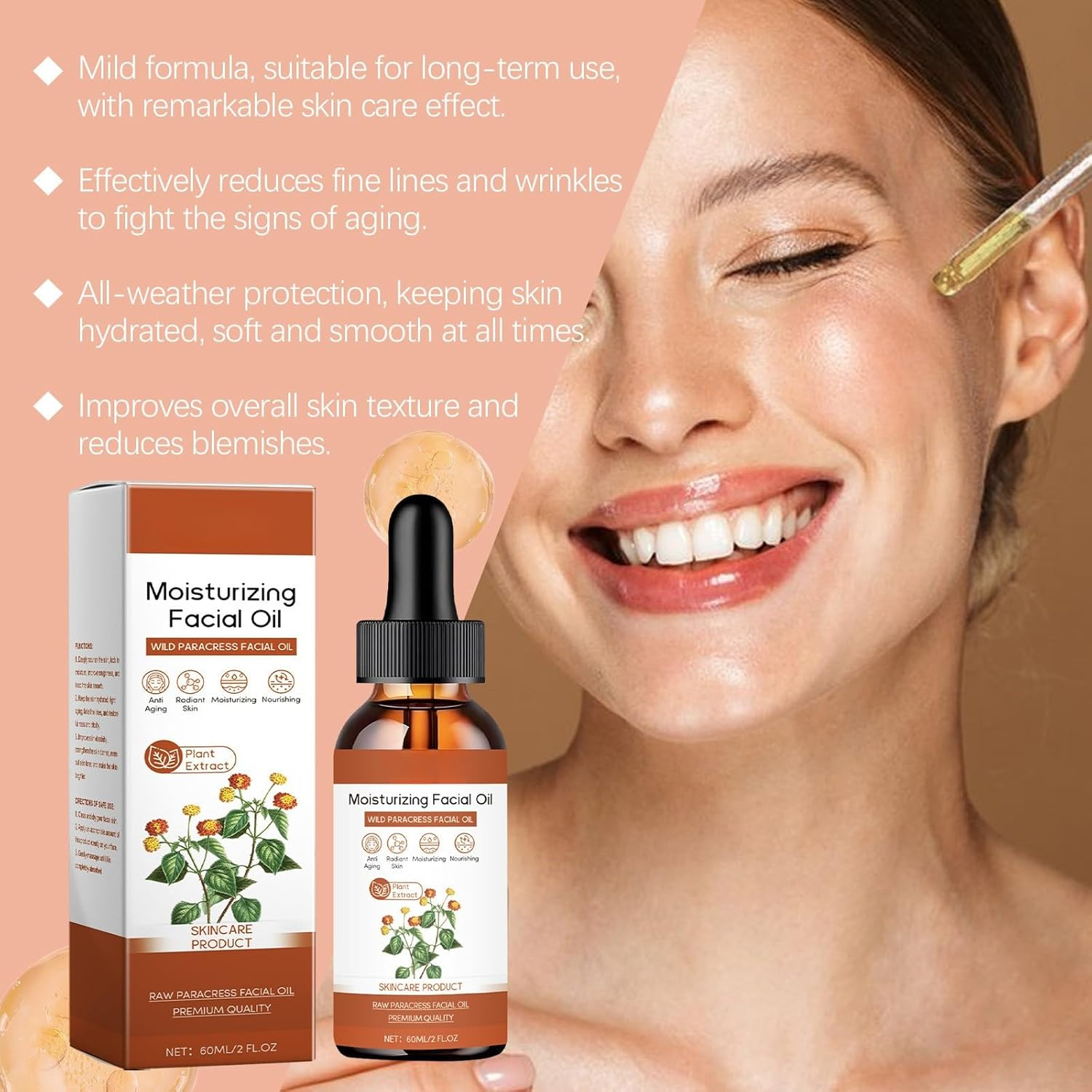 Paracress Facial Oil, 100% Organic anti Aging Face Oil, Wrinkle Reduction Moisturizing Serum, Hydrating Brightening Natural Oil for All Skin Types (2Pcs) - 4Pcs image number 4