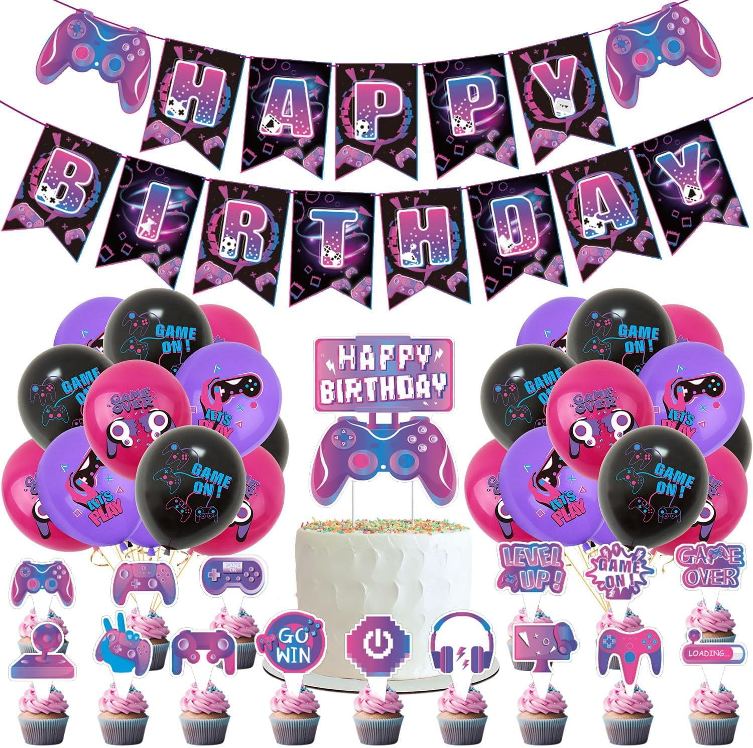 37Pcs Video Game Party Decoration Set, Video Game Themed Birthday Party Decorations, Includes Banner Balloons Cake Toppers image number 3
