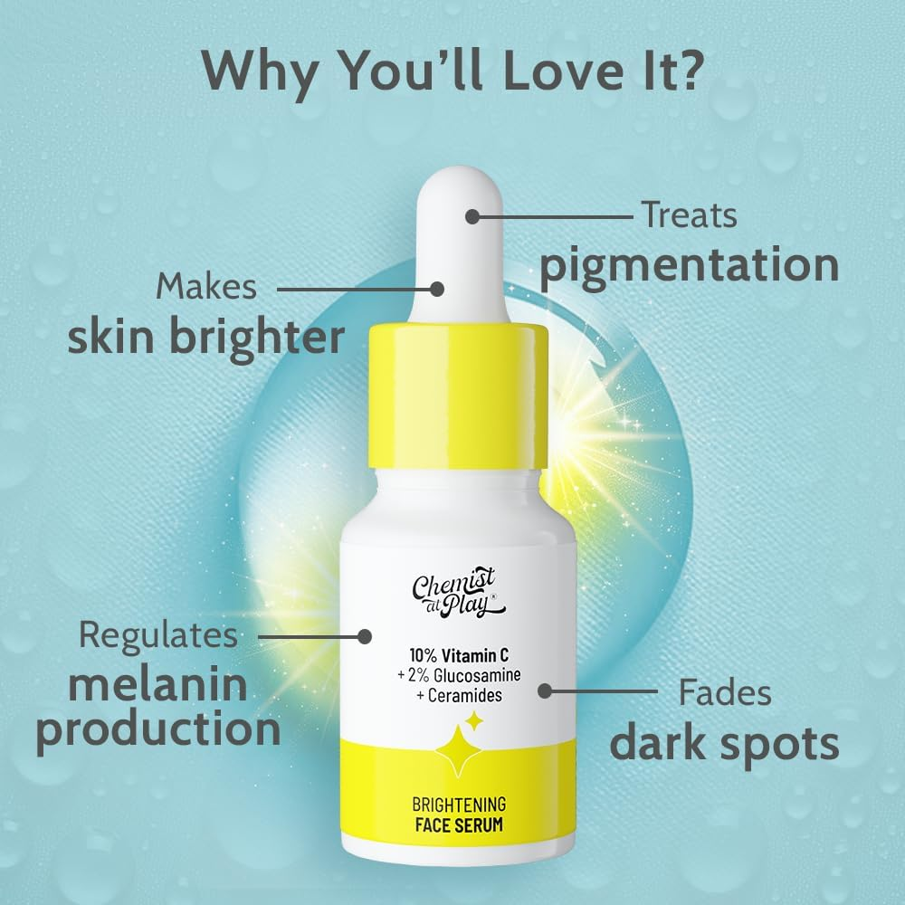 Chemist at Play 10% Vitamin C Face Serum | Brightens & Gives Glow | Fades Dark Spots | Treats Hyperpigmentation | Balances Melanin Production | Ethyl Ascorbic Acid & Glucosamine | for Oily
