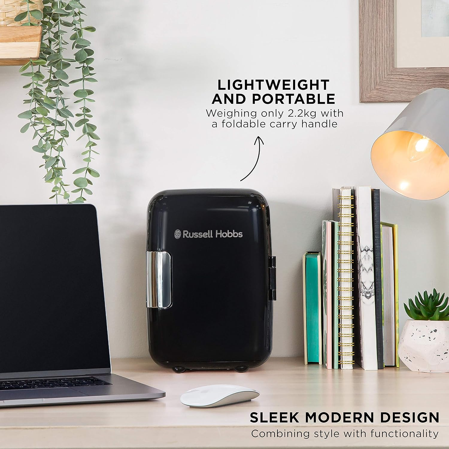 Russell Hobbs Mini Fridge RH4CLR1001B 4L/6 Can Portable Mini Cooler & Warmer for Drinks, Cosmetics/Makeup/Skincare, AC/DC Power, Retro Style, Black, for Bedroom, Home, Caravan, Car