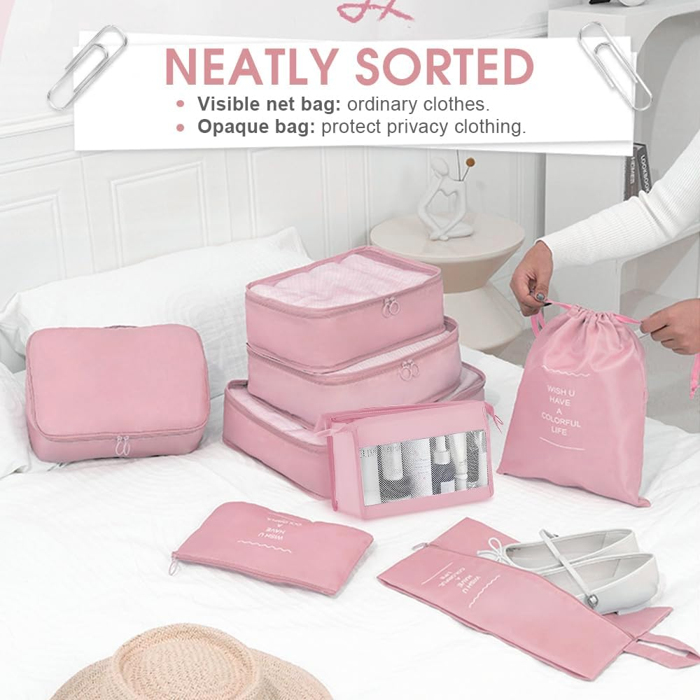 8PCS Packing Cubes for Travel, Luggage Organizer Bags with Shoe & Laundry Bag, Mesh Travel Essentials Bags, Durable & Lightweight Various Sizes Suitcases Packing Organisers (Pink, Set of 8) - Beige image number 7
