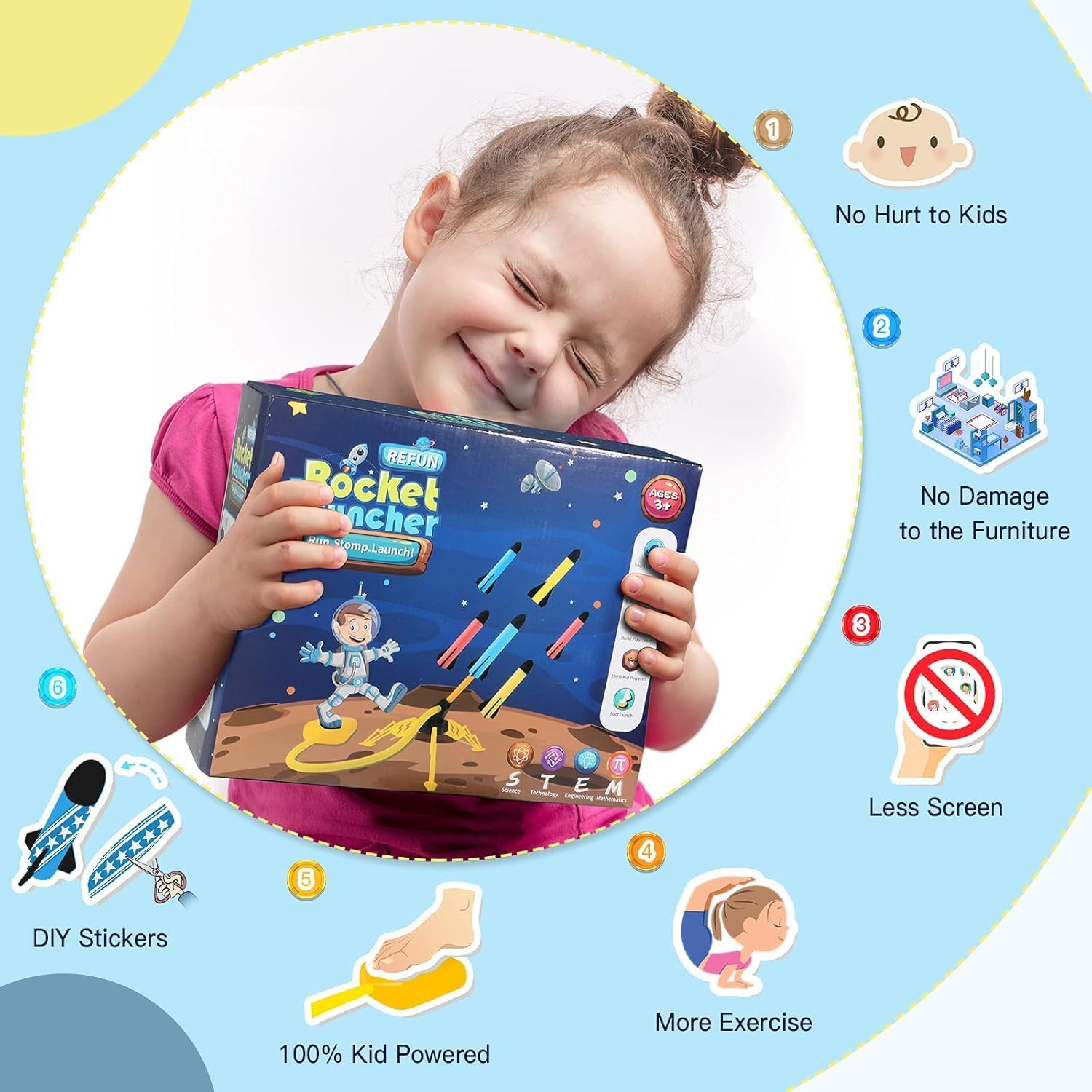 REFUN Rocket Launcher for Kids with 6 Foam Rockets - STEM Boys & Girls Ages 3+ - Christmas Xmas Easter Egg Gifts - Fun Outdoor/Indoor Toy image number 1