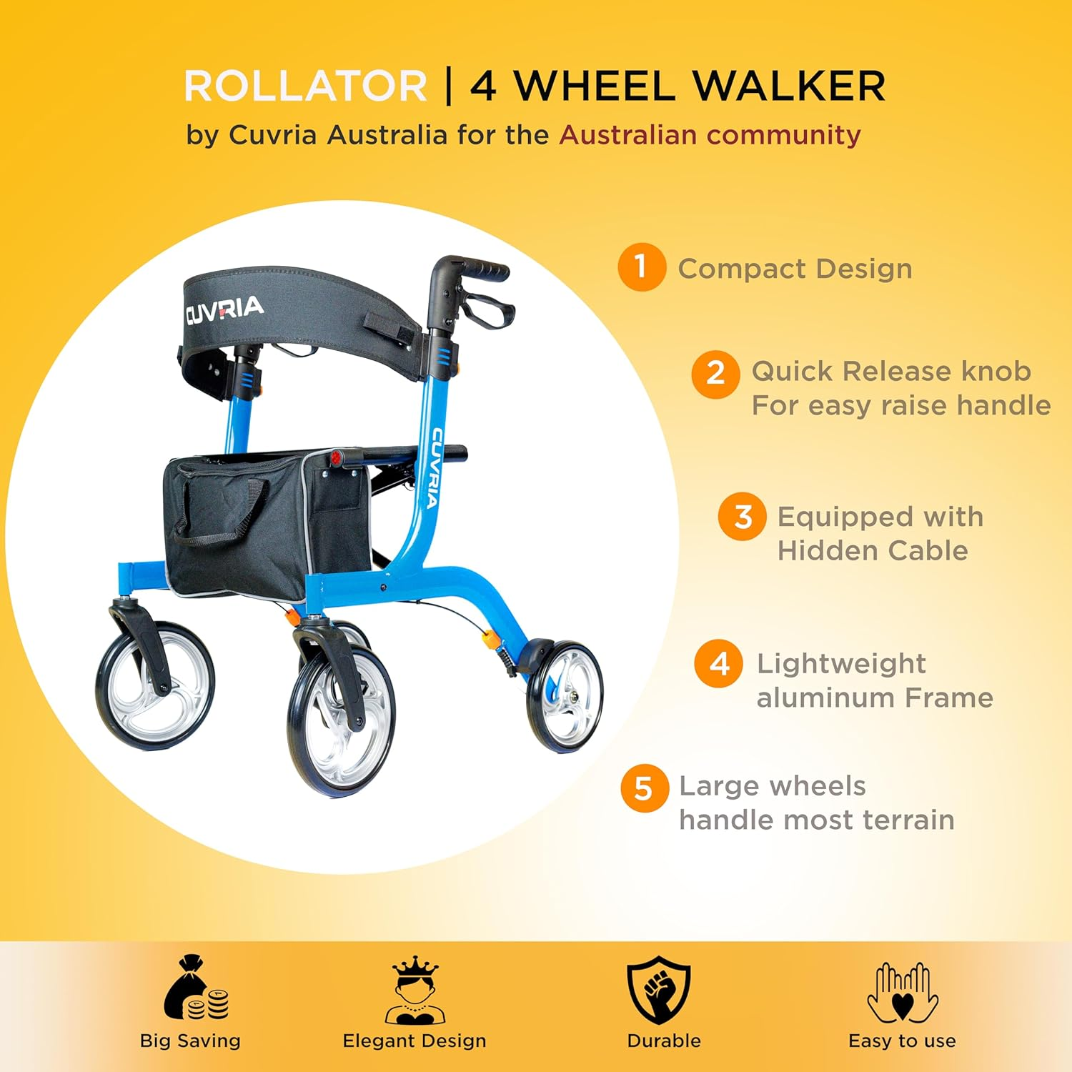 Australia Rollator|4 Wheel Walkers with Seat and Brakes for Seniors, with Seat, Backrest, Basket, Large Wheels, Lightweight Mobility Walking Aid Support up to 136 Kg, Ideal for Senior or Individuals with Mobility Challenges - Blue (Blue)