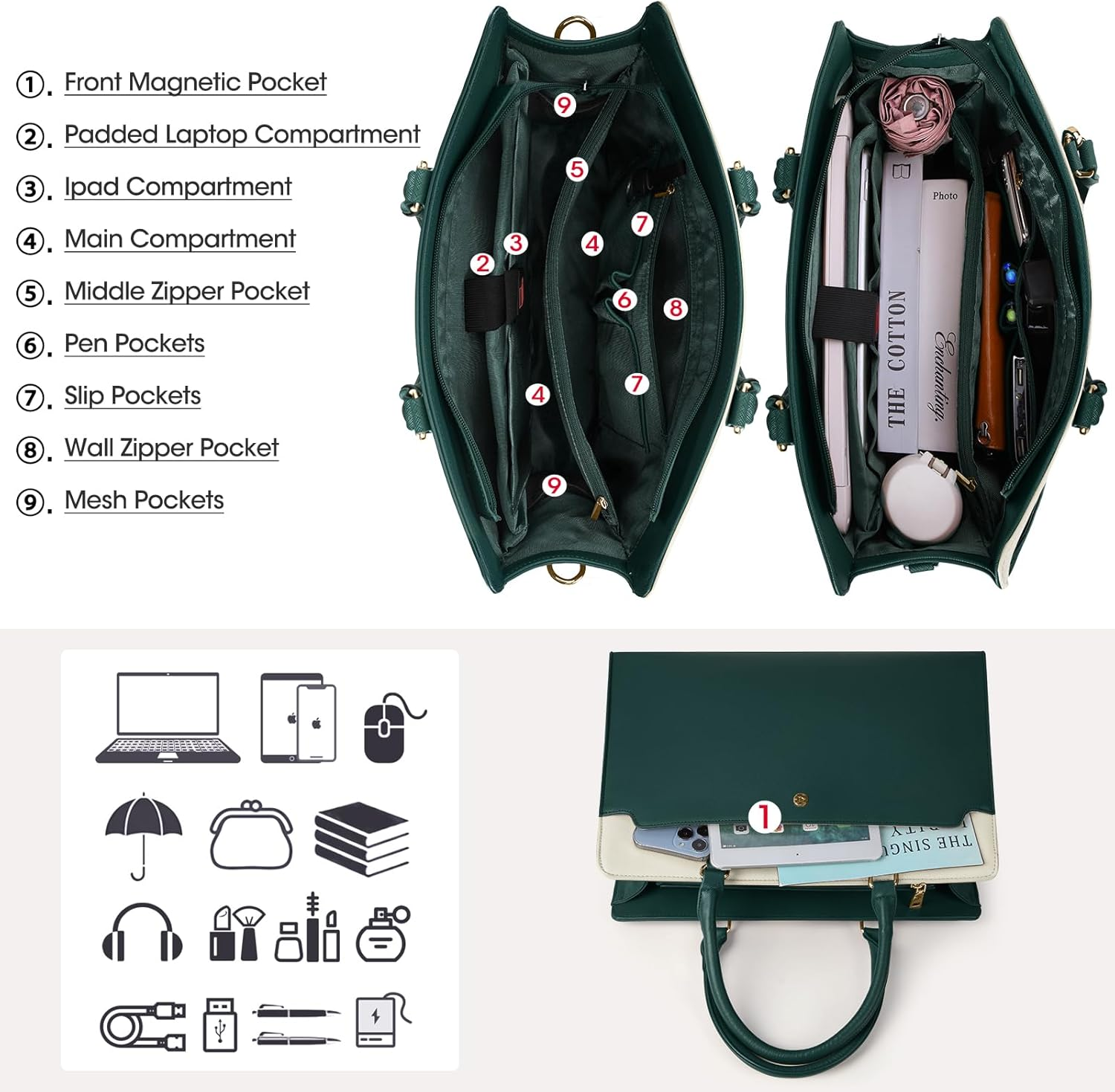 Laptop Bag for Women 15.6 Inch Laptop Tote Bag Leather Work Bag Waterproof Briefcase Business Office Computer Bag Large Handbag Shoulder Bag - Blue image number 7