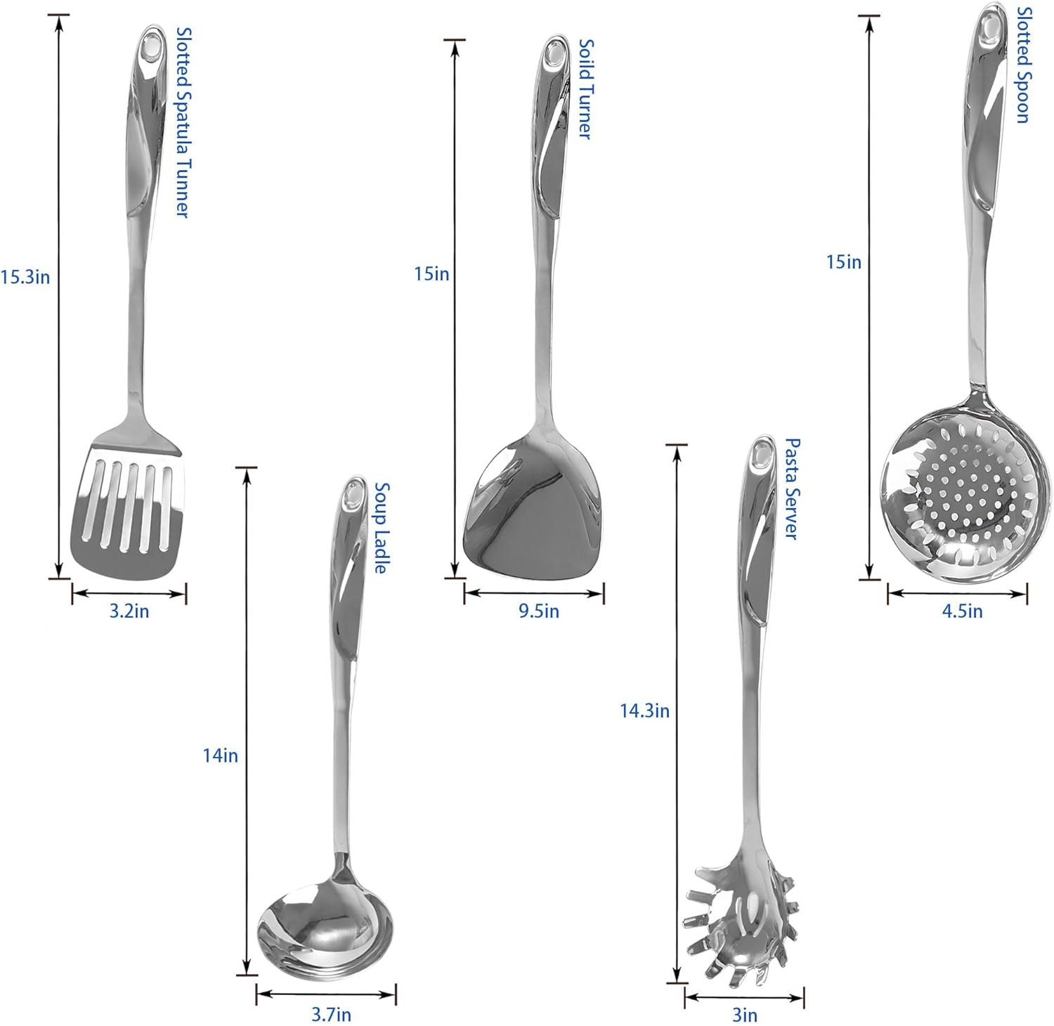 IMEEA 5-Piece Kitchen Utensils Set SUS304 Stainless Steel Cooking Utensils Set Includes Spatula, Soup Ladle, Slotted Spatula, Pasta Server & Skimmer image number 3