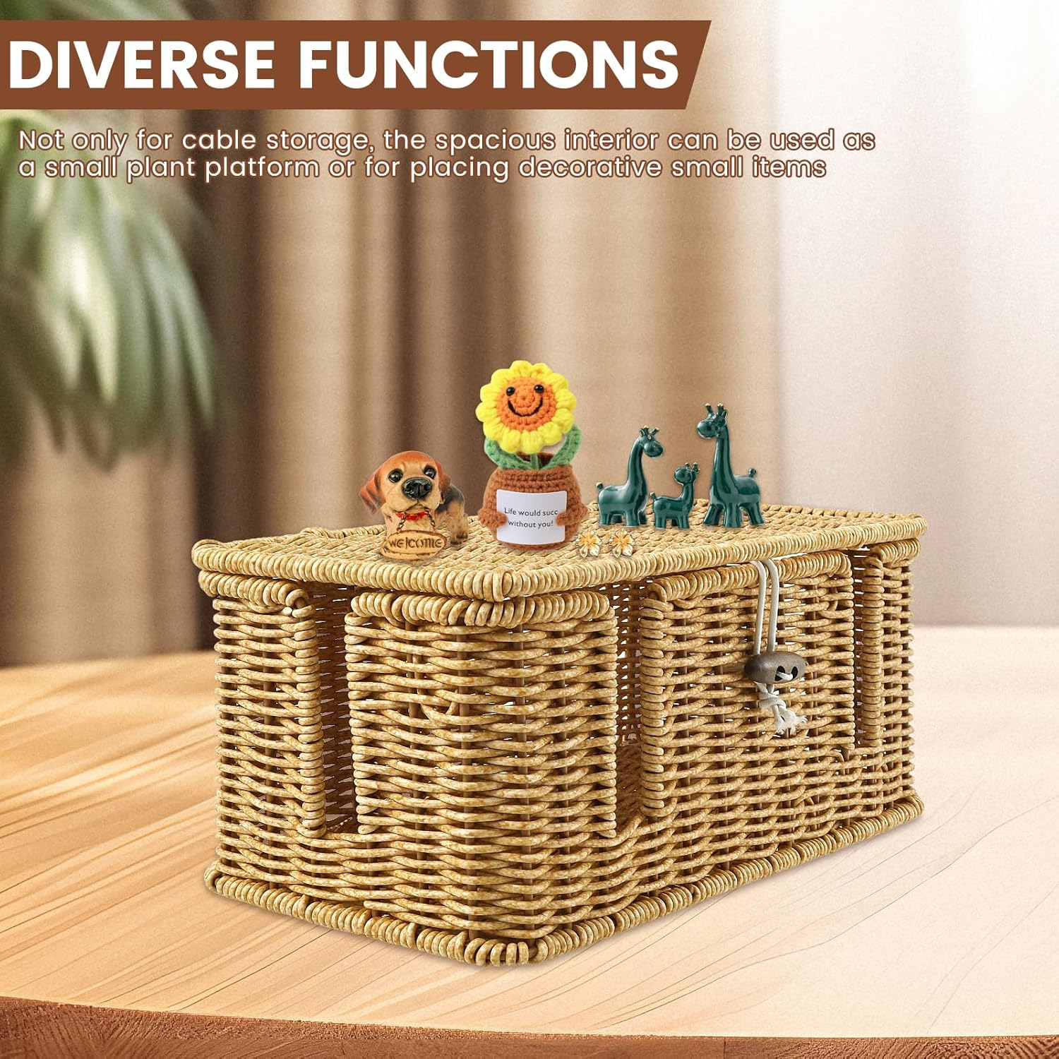 Handmade Rattan Cable Management Box,3 Open Slots Cords Hider Boxs, Safe Practical Cords Holder Functional Cable Organizer Solid under Desk Cord Hider Box for Home Using image number 3