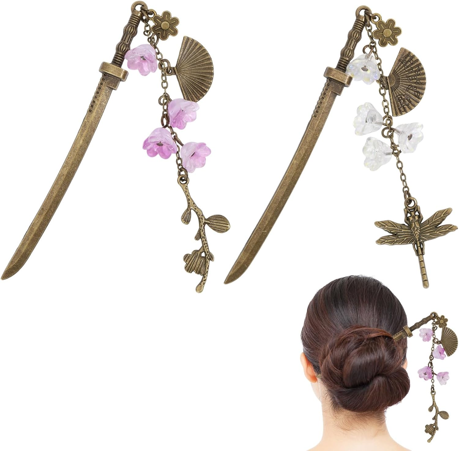 CHGCRAFT Pack of 2 Japanese Hair Sticks Alloy Hairstyle Sticks Hair Sticks for Women Alloy Hair Pins with Tassel Hairstyle Accessories image number 1