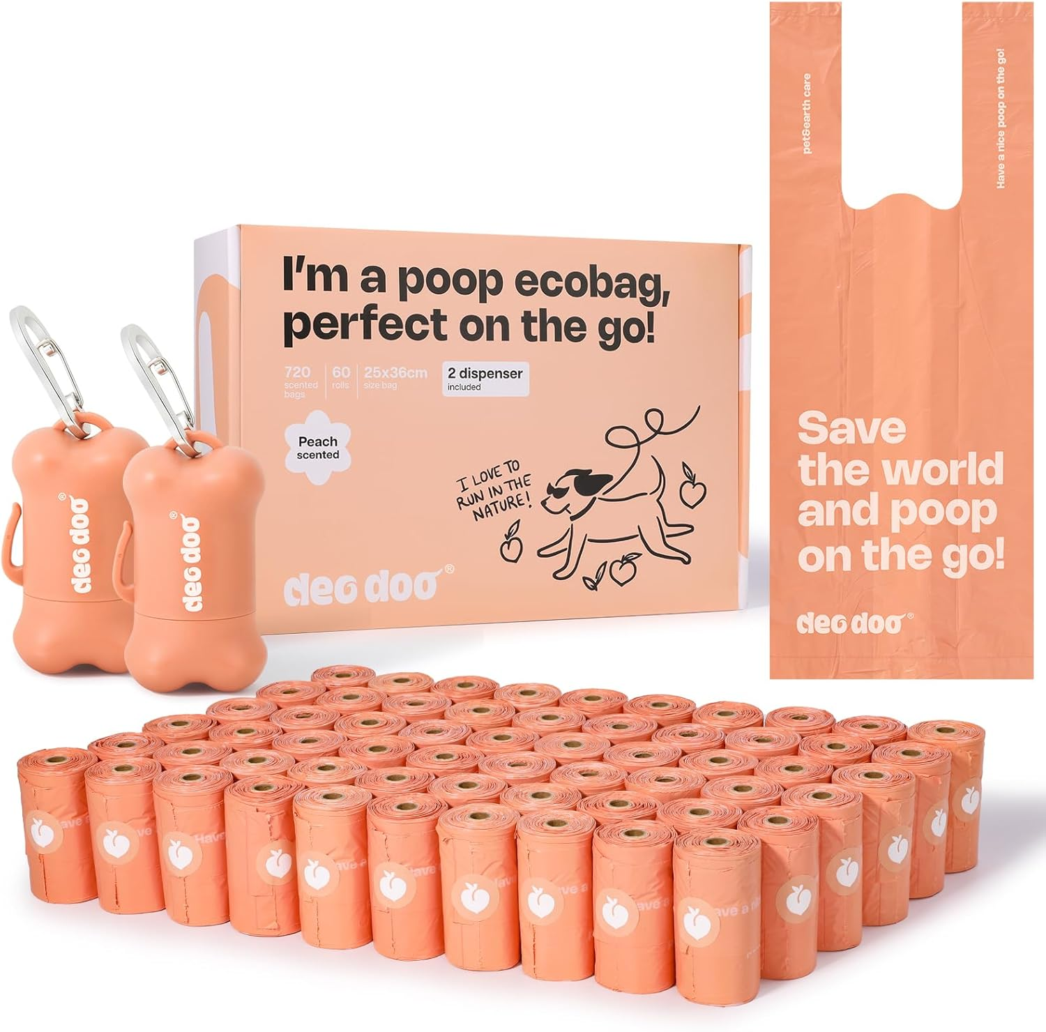 Deo Doo Dog Poop Bags with Handles 30 Rolls 360 Counts Big Sizes Leak Proof and Extra Thick Waste Bags Refill Rolls for Walking Small Medium Large Dogs Cats Litter Peach Scented