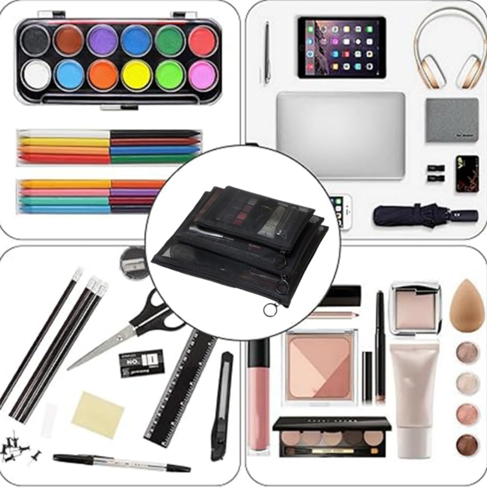 Mesh Zipper Pouch Bags 3 Pcs,Mesh Makeup Bag Cosmetic Pouches Waterproof Travel Organizer Bags for Women Toiletries Purse Office Home Organization Pouches image number 3