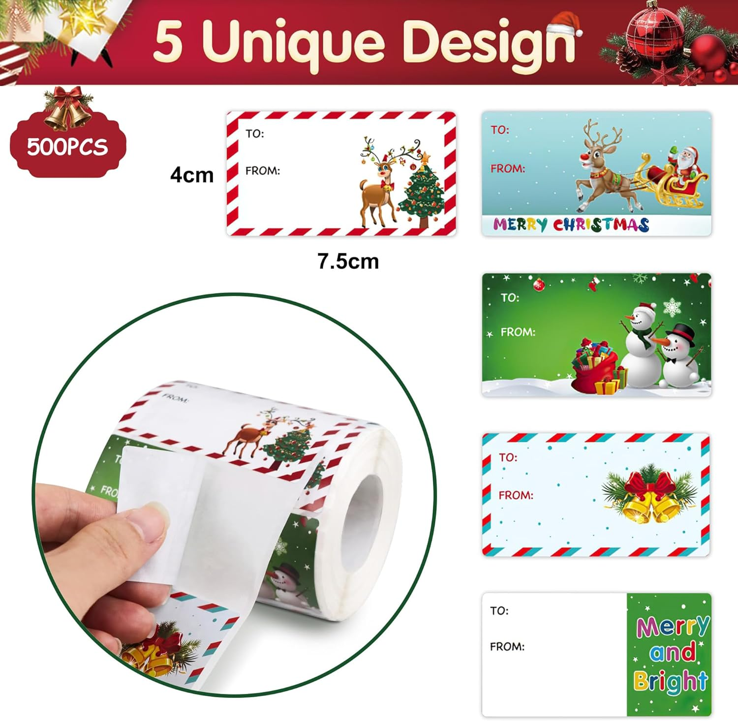 Christmas Tags Gift Stickers 500 Pcs &ndash; 3 X 1.6 Inch Self Adhesive Name Labels for Presents, Santa Design Baubles Wrapping Paper, the Gifts Holiday Tags for Christmas, Birthdays, Weddings, Party image number 4