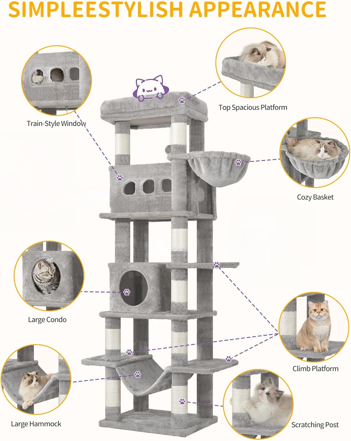 Hzuaneri 170 Cm Cat Tree for Indoor Cats, Large Tall Cat Tower, Multi-Level Cats House with Condo, 8 Scratching Posts, Hammock, 4 Pom Poms, Light Grey MS17018LG image number 5