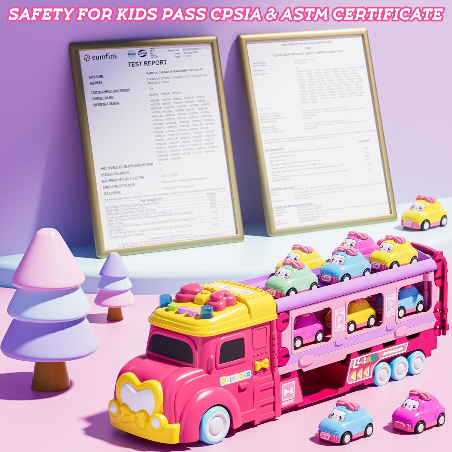 Car Toys for Age 2 3 4 5 6 7 Year Girl Toddler, Foldable Track & 2 Player Race Mode Game, Light & Sound Push Transport Carrier Truck W/ 6 Princess Car, Birthday Gift Idea for Kid image number 4