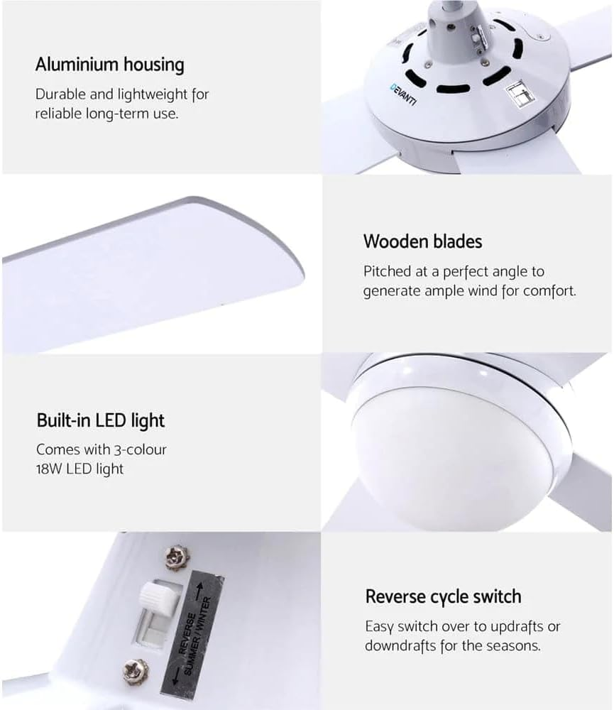 Devanti 52" Ceiling Fan with Light and Remote, 3 ABS Blades, DC Motor, 6 Speeds, 8H Timer, Reversible, 3 Colour Lighting, Quiet Breezes, 130Cm Fan for Indoor Bedroom Living Room - White image number 4