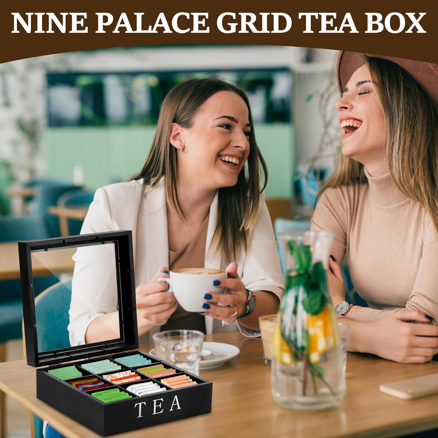 Awobepl Tea Bag Organizer Wood Tea Bag Holder with Clear Lid 9 Compartments Tea Caddy Practical Tea Organizer Caddy Large Capacity Tea Bag Box for Home Office (Black) - White image number 5