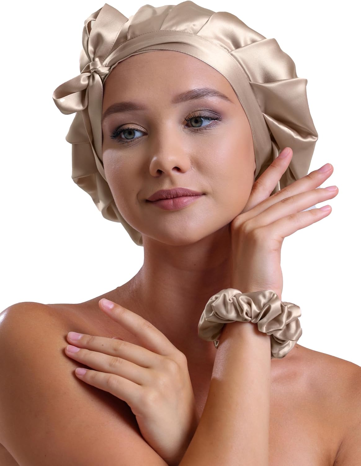 100% Pure 22 Momme Mulberry Silk Sleep Bonnet for Women Hair with Adjustable Ribbons, Oeko-Tex Certified,1 Layer, Caramel, One Size image number 2