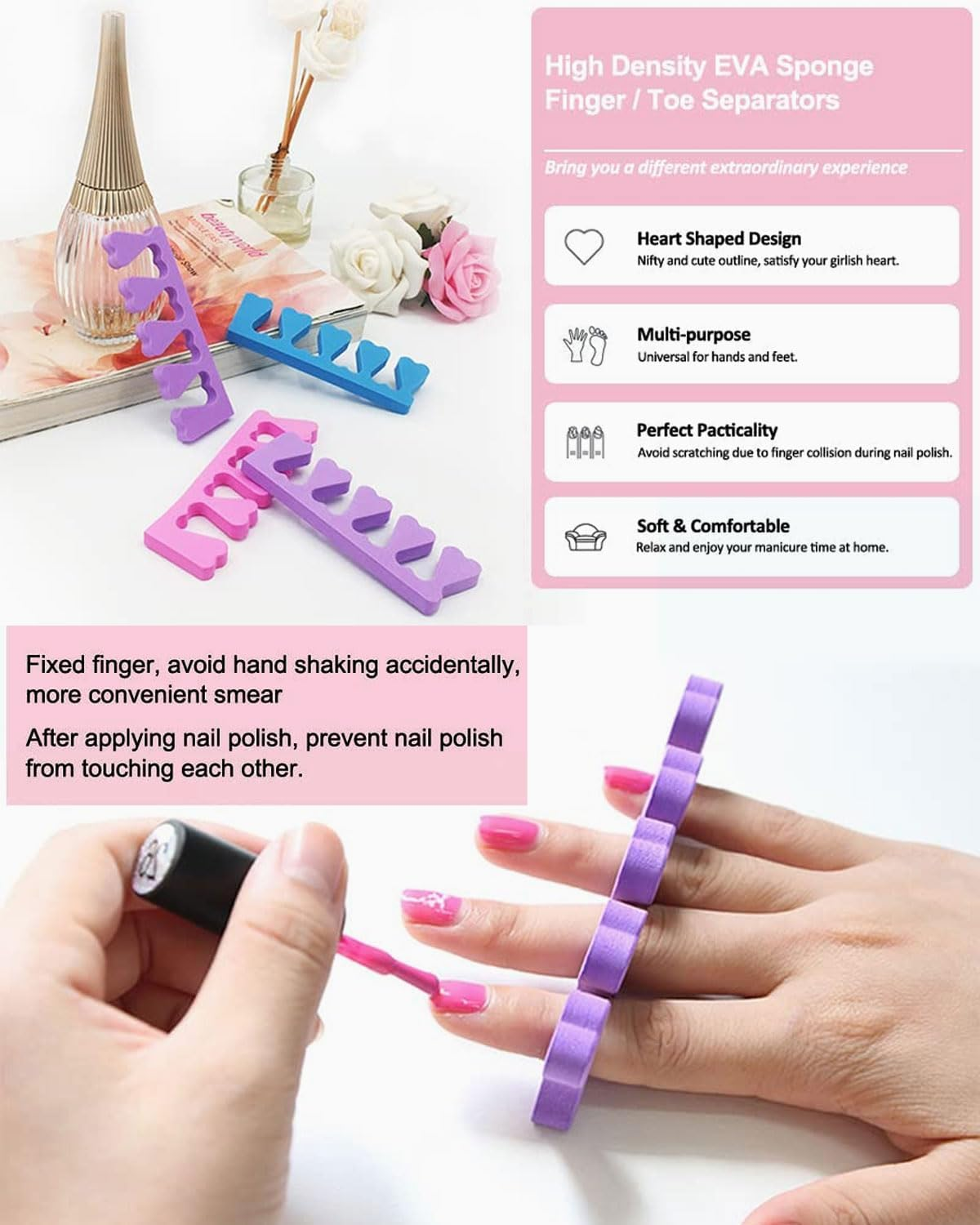 FUGLUS Toe Separator 30 Pieces, Toe Separator & Finger Divider Set with Spacer for Pedicure and Manicure, Toenail Divider Separator Tool (Purple, Pink, Blue) image number 1