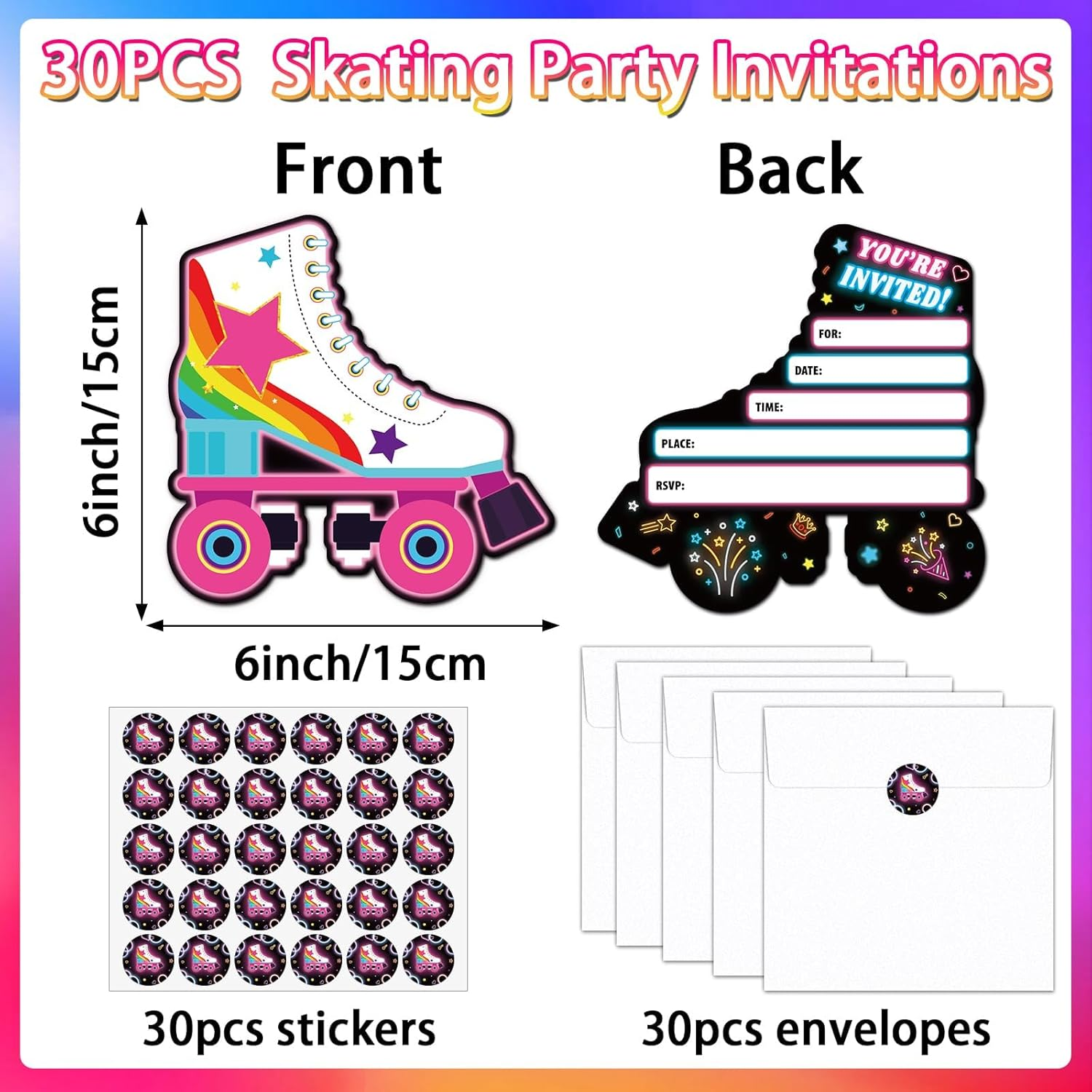 Lonfliness 30Pcs Neon Roller Skating Birthday Party Invitations Skate Invitation for Boys Girls Kids Glow Skating Birthday Party Invite Supplies Skate Party Favors 30 Cards with Envelopes and Stickers image number 6
