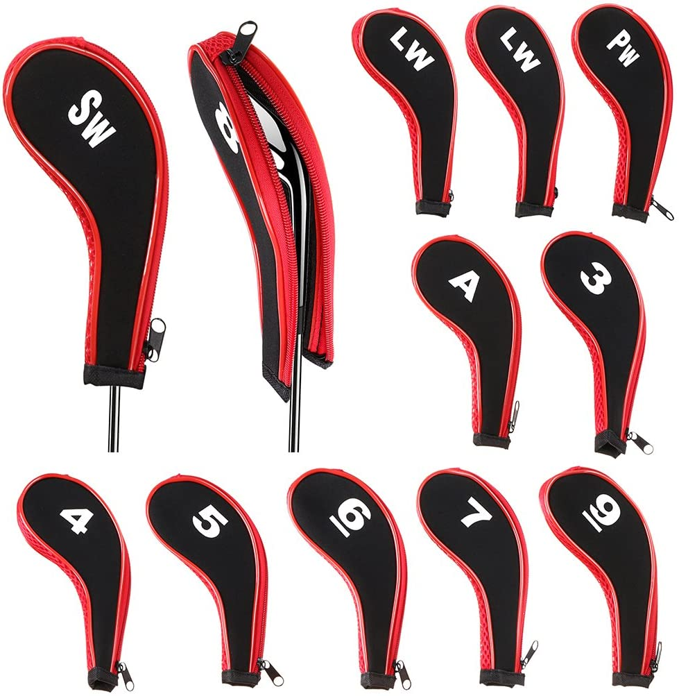 Hipiwe Number Print Golf Club Irons Covers Neoprene Zippered Driver Head Cover with Long Neck-Set of 12