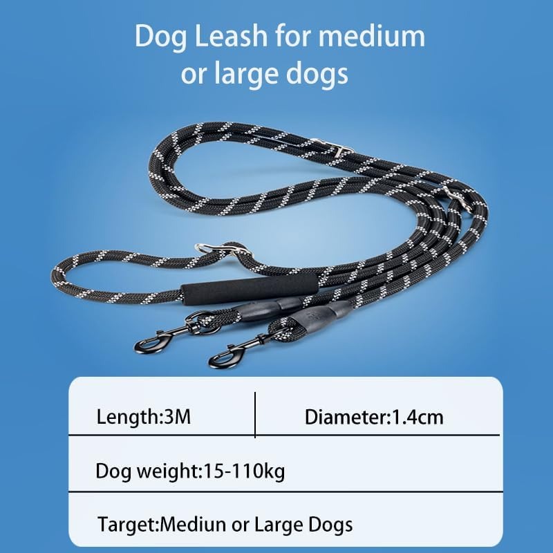 Double Dog Lead for Large Dogs, Nylon, round and Bite-Proof with 2 Carabiners, 3.4 M (Length) X 14 Mm, Black image number 5
