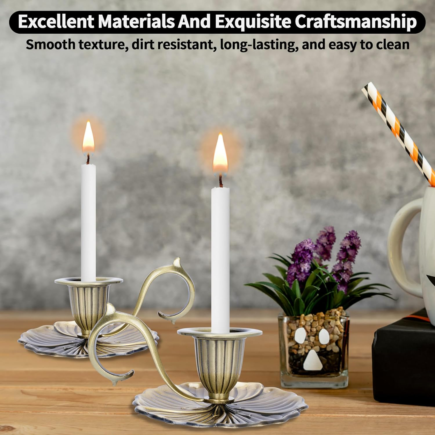 Ikare Vintage Candle Holders 2 Pack, Bronze Taper Candlesticks with Comfort Curved Handle, European Retro Home Decor for Wedding, Christmas, Farmhouse and Church Ceremony image number 1